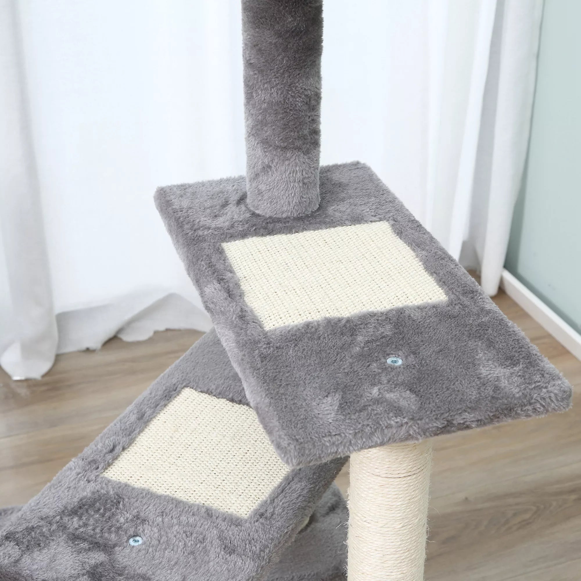 Kačių draskyklė medis su laipteliais, 100 cm, smėlio ir pilkos spalvos