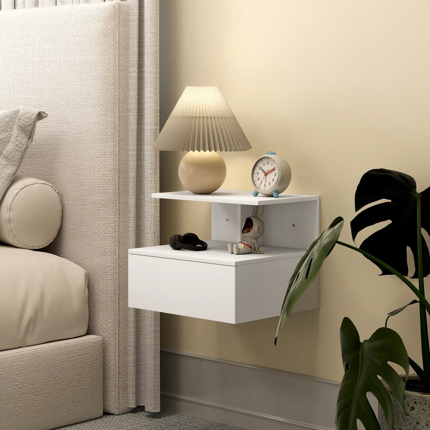 Pakabinamas naktinis staliukas, pagalbinis staliukas su stalčiumi, atvira niša, baltos spalvos, 39,8 x 35 x 31,6 cm