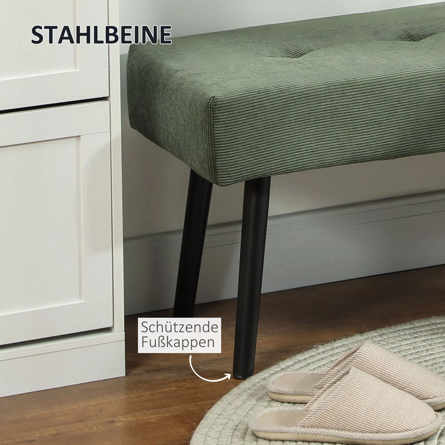 Sėdima bankelė su kordo apmušalu, minkšta bankelė su metalinėmis kojomis, avalynės bankelė 100 x 36 x 45 cm žalia