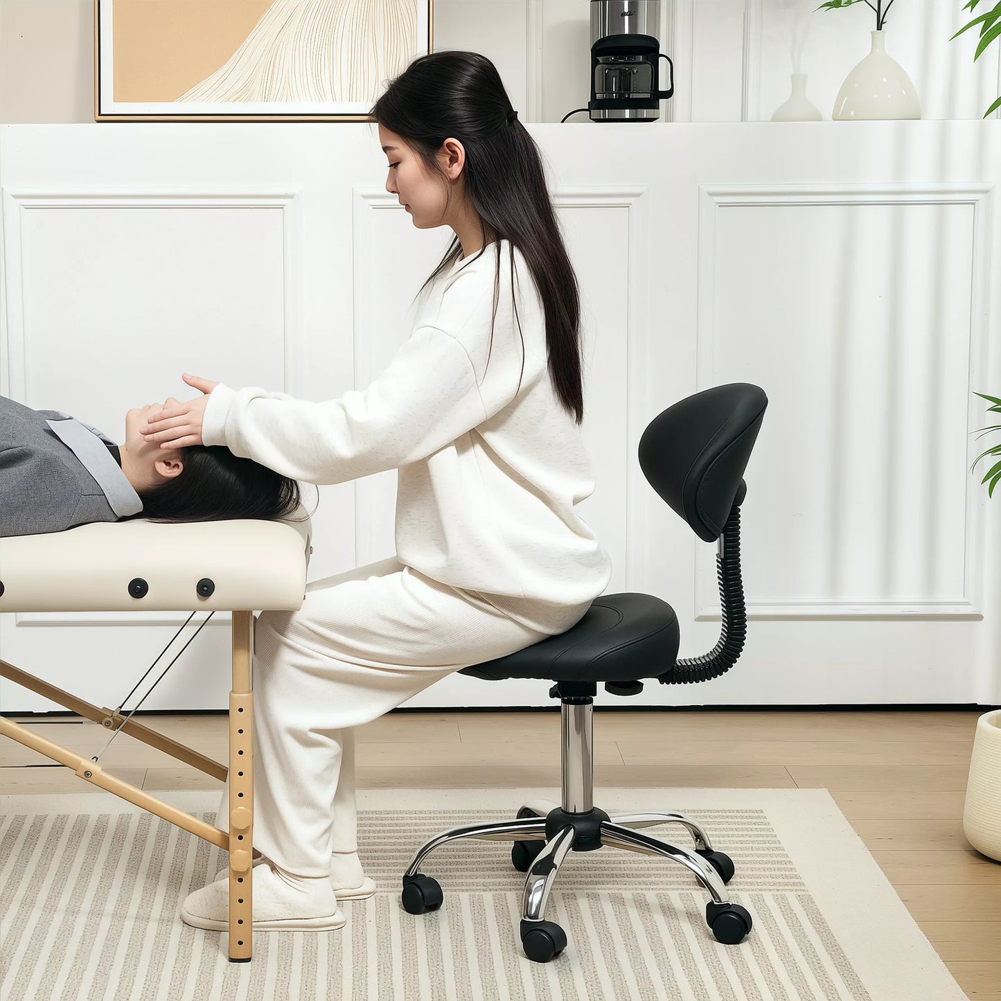 Reguliuojamo aukščio ratukinis taburetė su atlošu, 83-98 cm, 360° pasukama darbo taburetė biurui, salonui