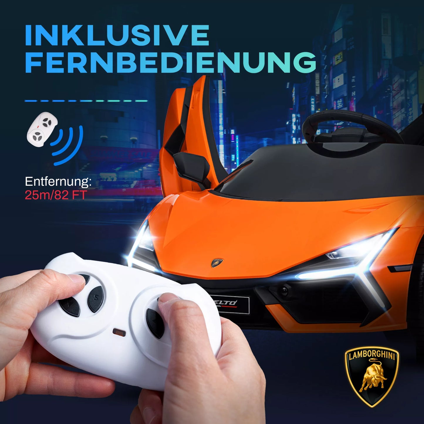 Oranžinis elektrinis automobilis vaikams nuo 3-5 metų, švelnus variklis, valdomas nuotoliniu būdu, su garso signalu, plastikas ir metalas.