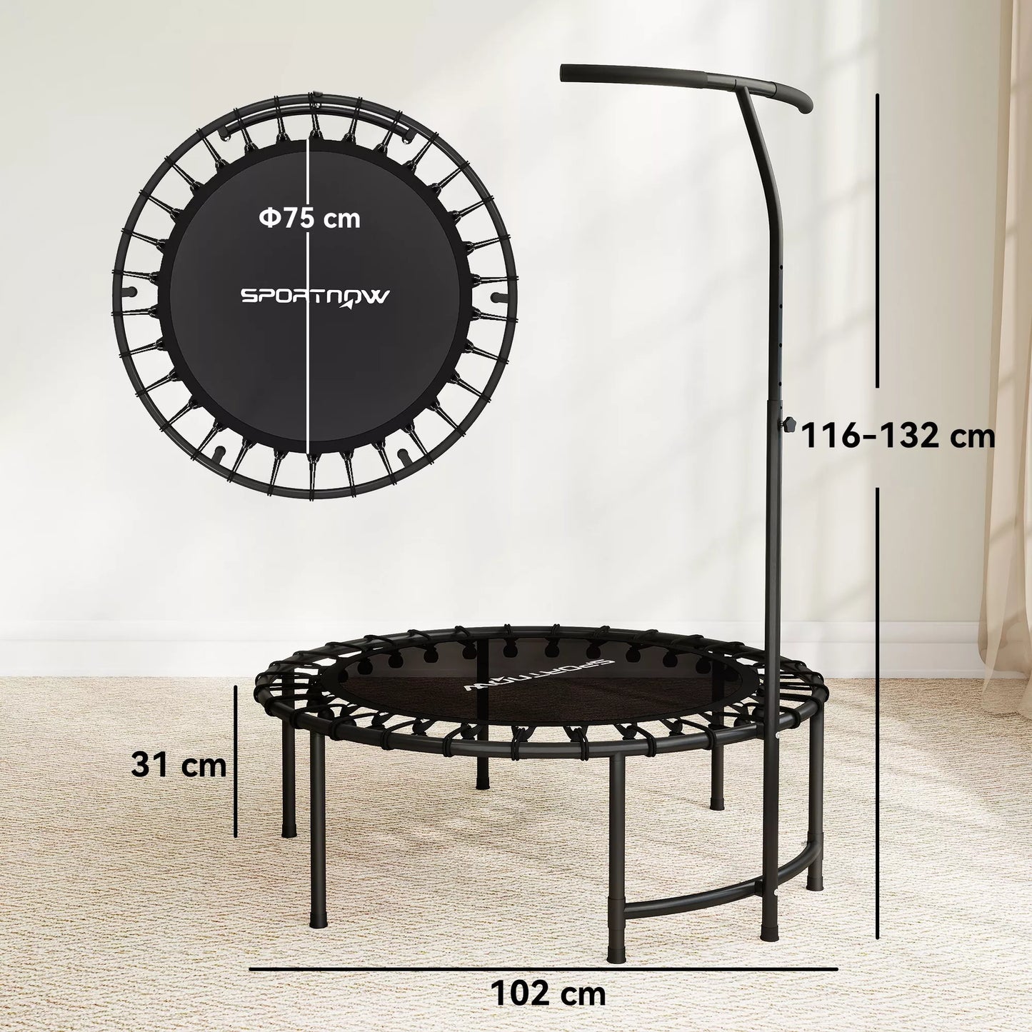 Reboundingo batutas, 5 pakopų reguliuojama rankena, treniruočių batutas, juodas