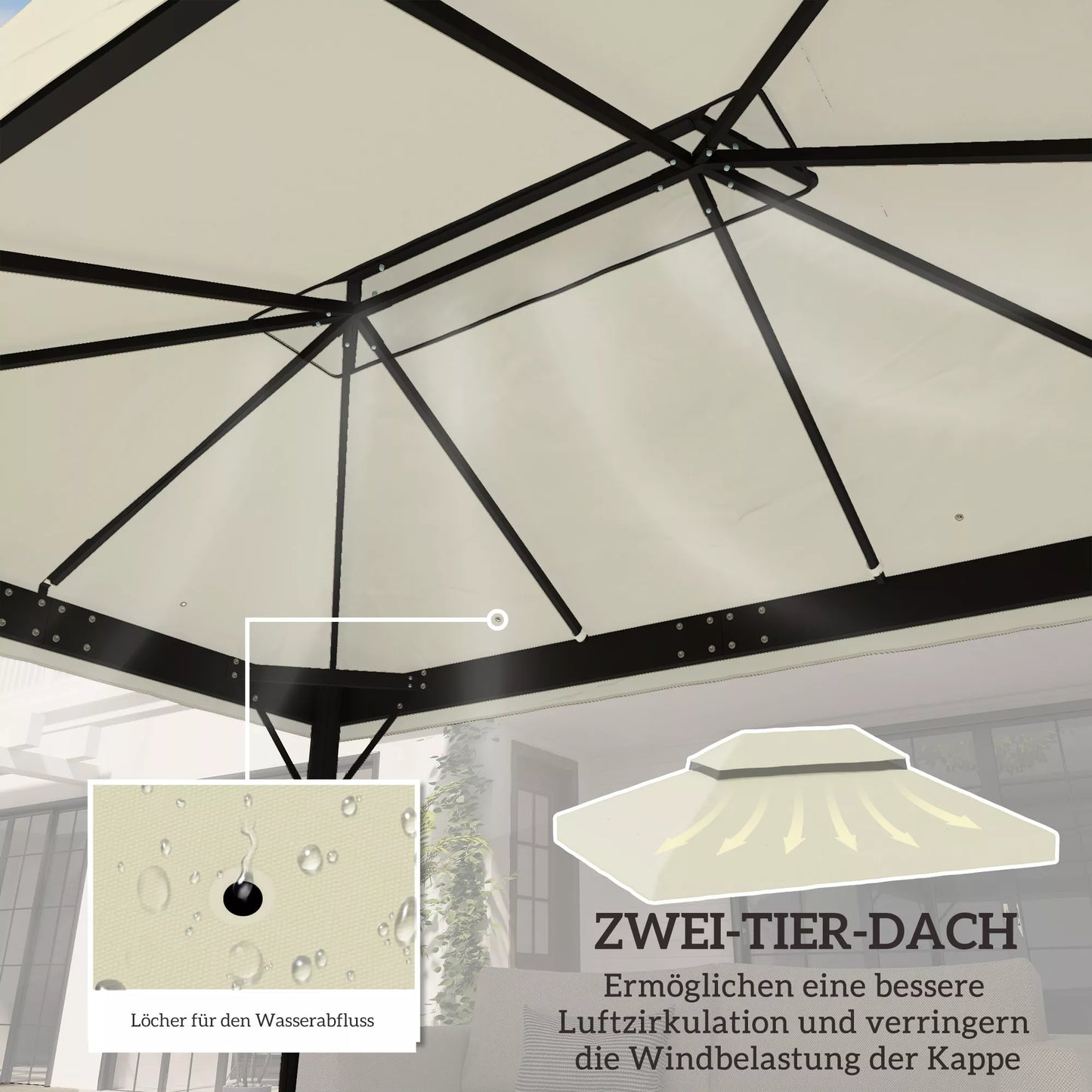 Paviljono atsarginis stogas, 3 x 4 m, atsarginis tentas su vandens nutekėjimo angomis, poliesteris, apsauga nuo saulės, UPF30+, kreminė balta spalva