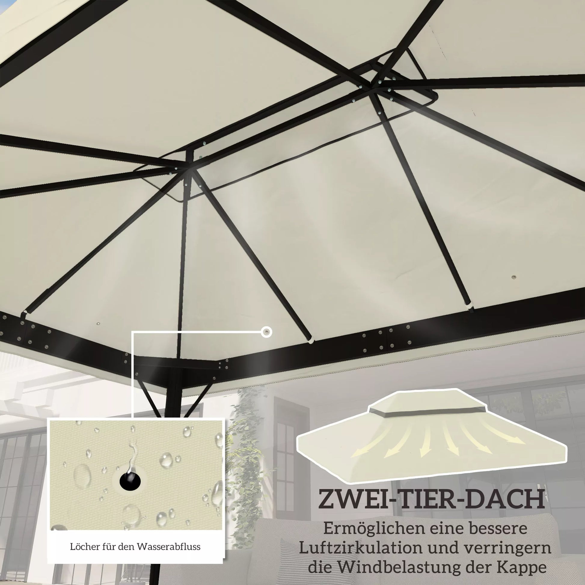 Paviljono atsarginis stogas, 3 x 4 m, atsarginis tentas su vandens nutekėjimo angomis, poliesteris, apsauga nuo saulės, UPF30+, kreminė balta spalva