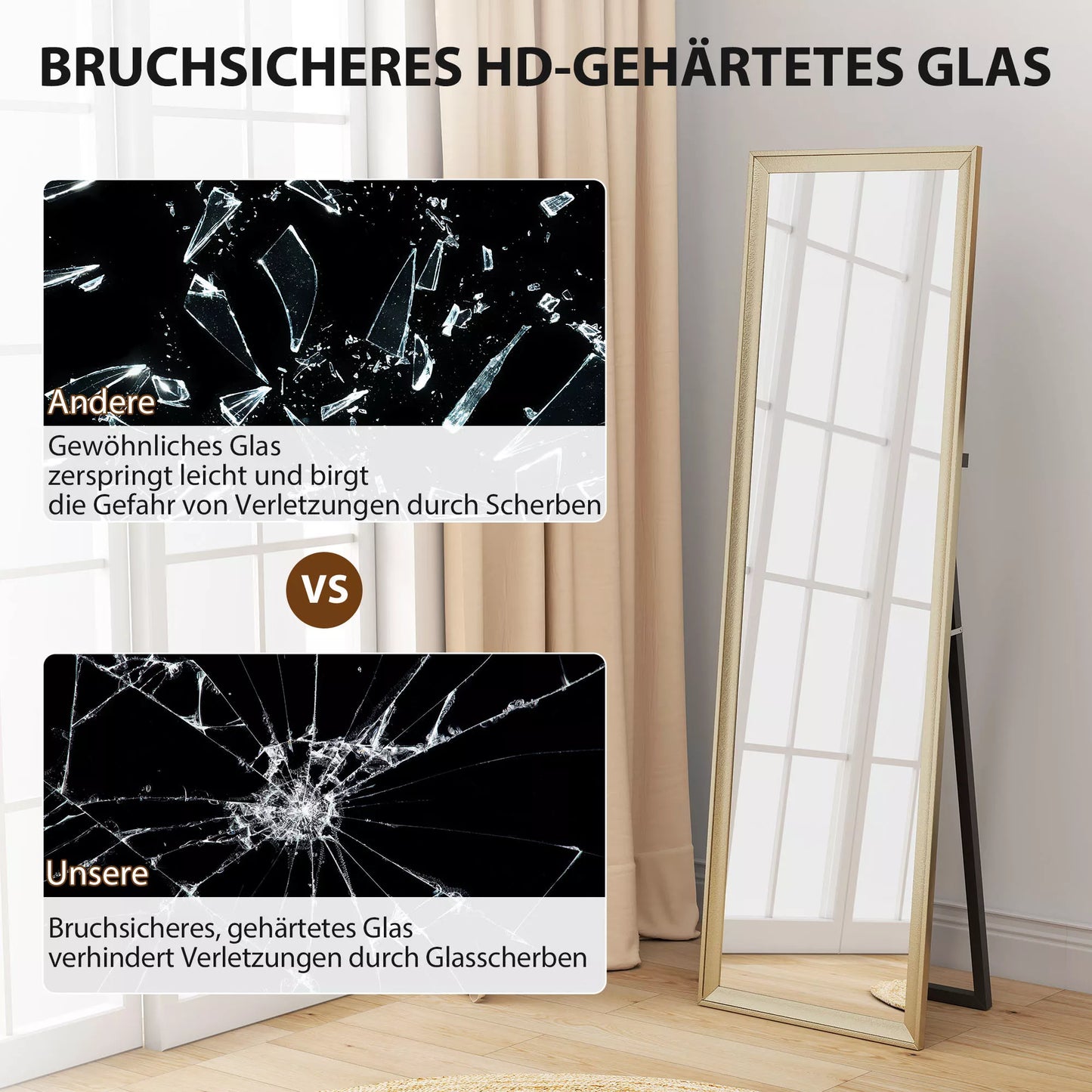 Visą kūną atspindintis veidrodis, lanksčiai montuojamas, 160 x 50 cm, aukso spalvos