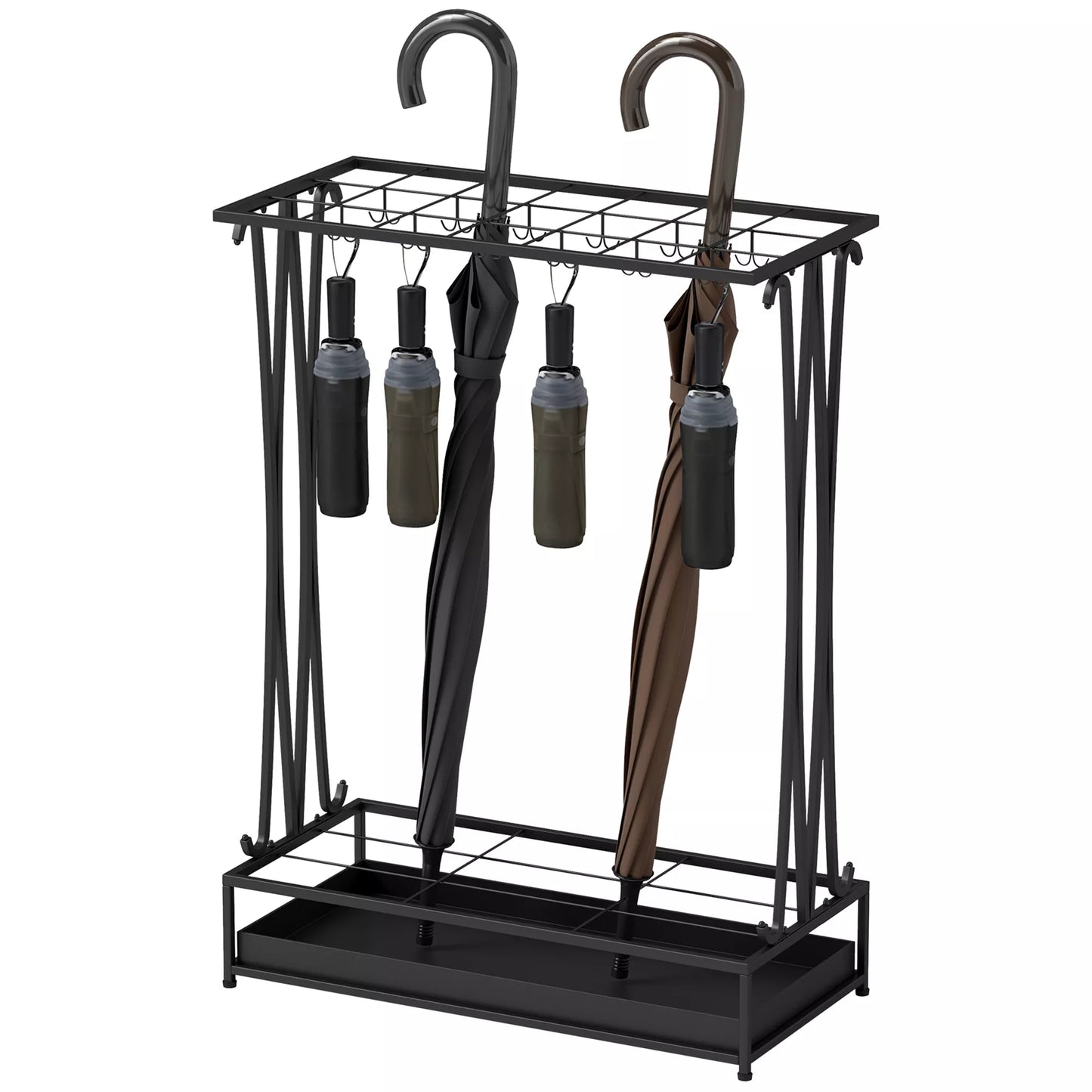 Skėčių stovas su išimamu vandens rinktuvu, skėčių stovas su 21 anga ir 24 kabliukais, plienas, juodas