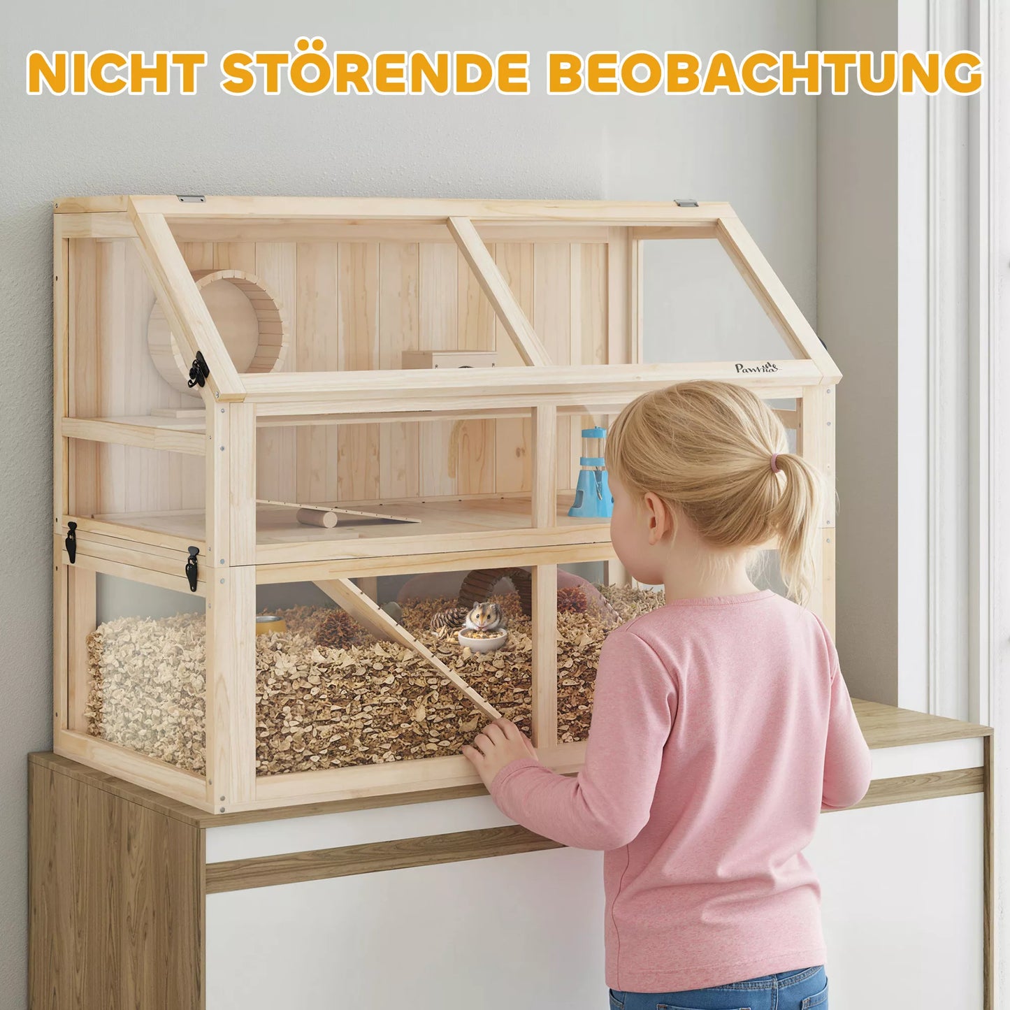 Medinis žiurkėno narvas, 3 aukštai, graužikų narvas, smulkių gyvūnų narvas su sūpuokle, bėgimo ratu, nameliu, 95 x 53 x 76 cm, natūralus medis