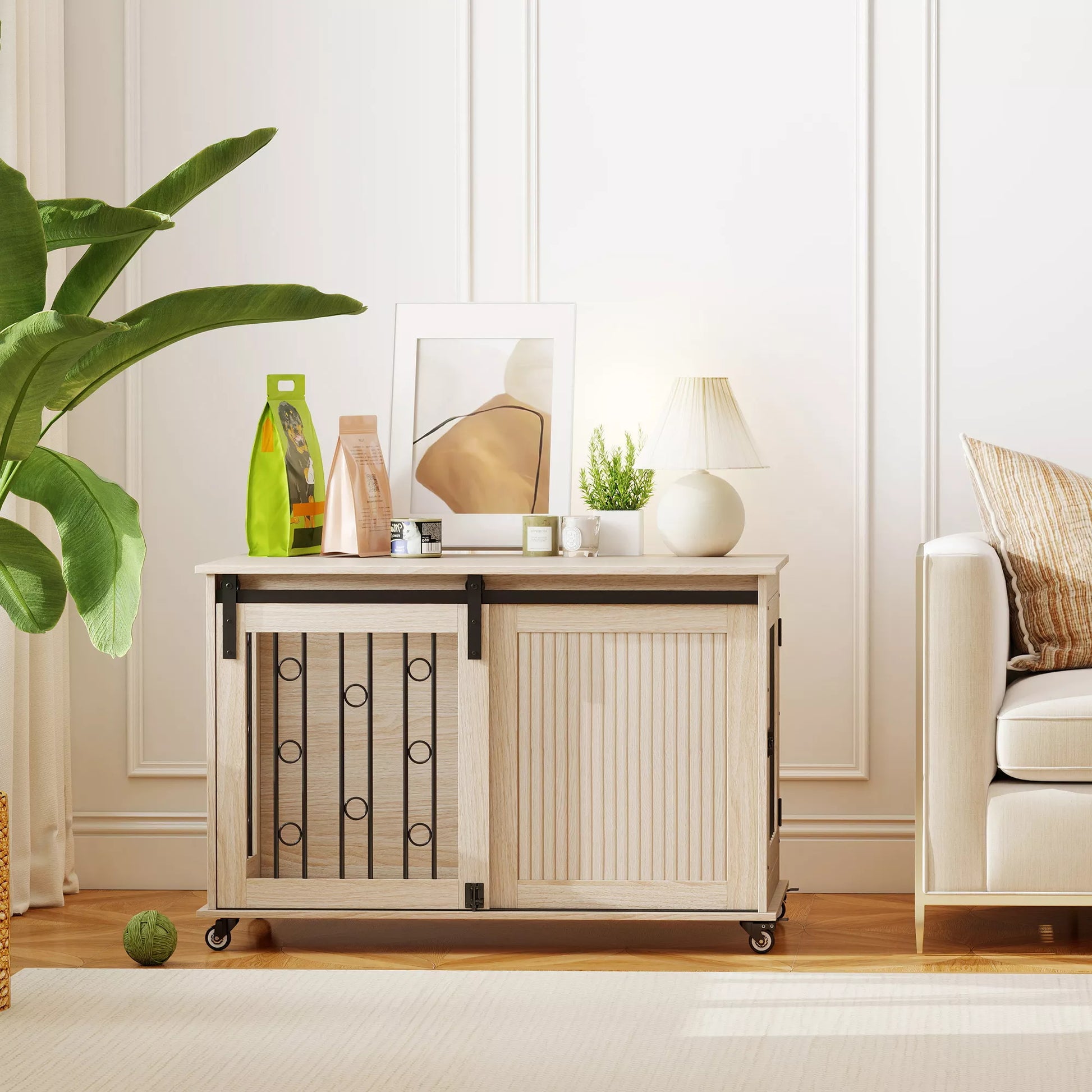 Šunų dėžė su ratukais, stumdomos durys, 100 x 56 x 65 cm, mediena, plienas