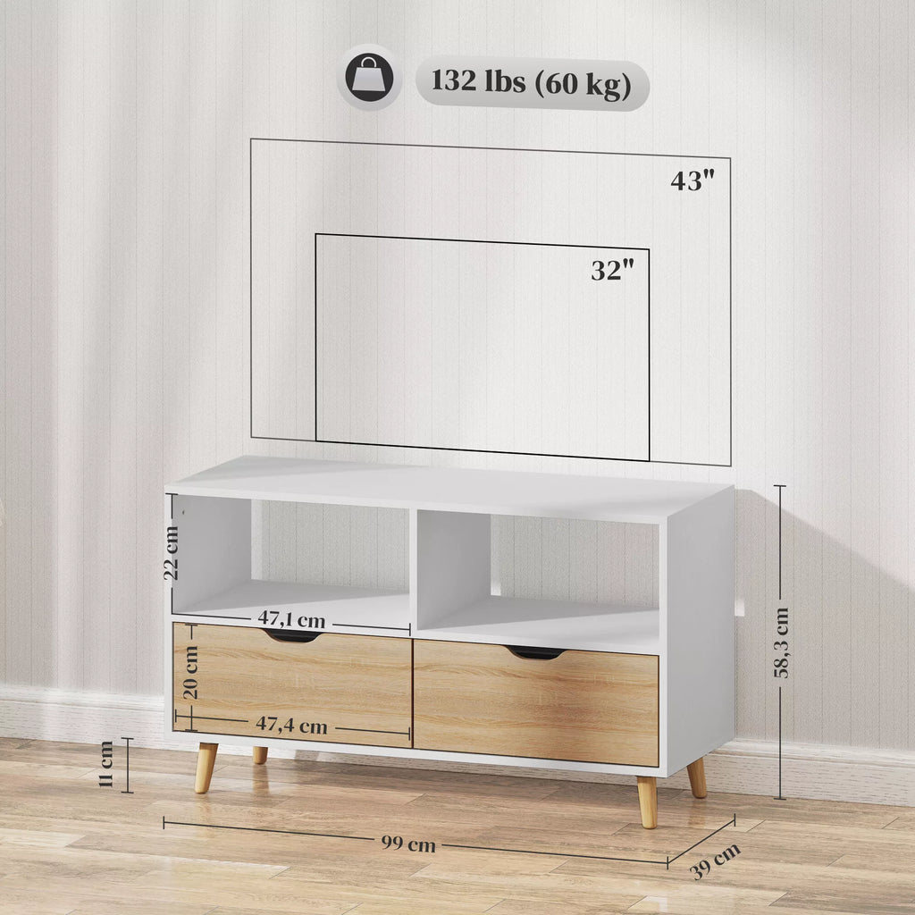 TV spintelė, TV komoda su stalčiais, atviros lentynos, mediena, 99 x 39 x 58 cm, balta