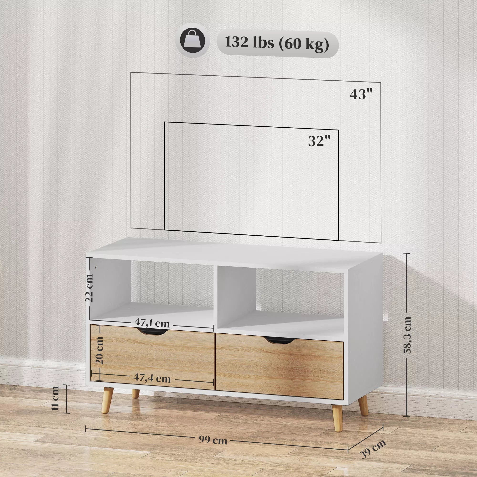 TV spintelė, TV komoda su stalčiais, atviros lentynos, mediena, 99 x 39 x 58 cm, balta