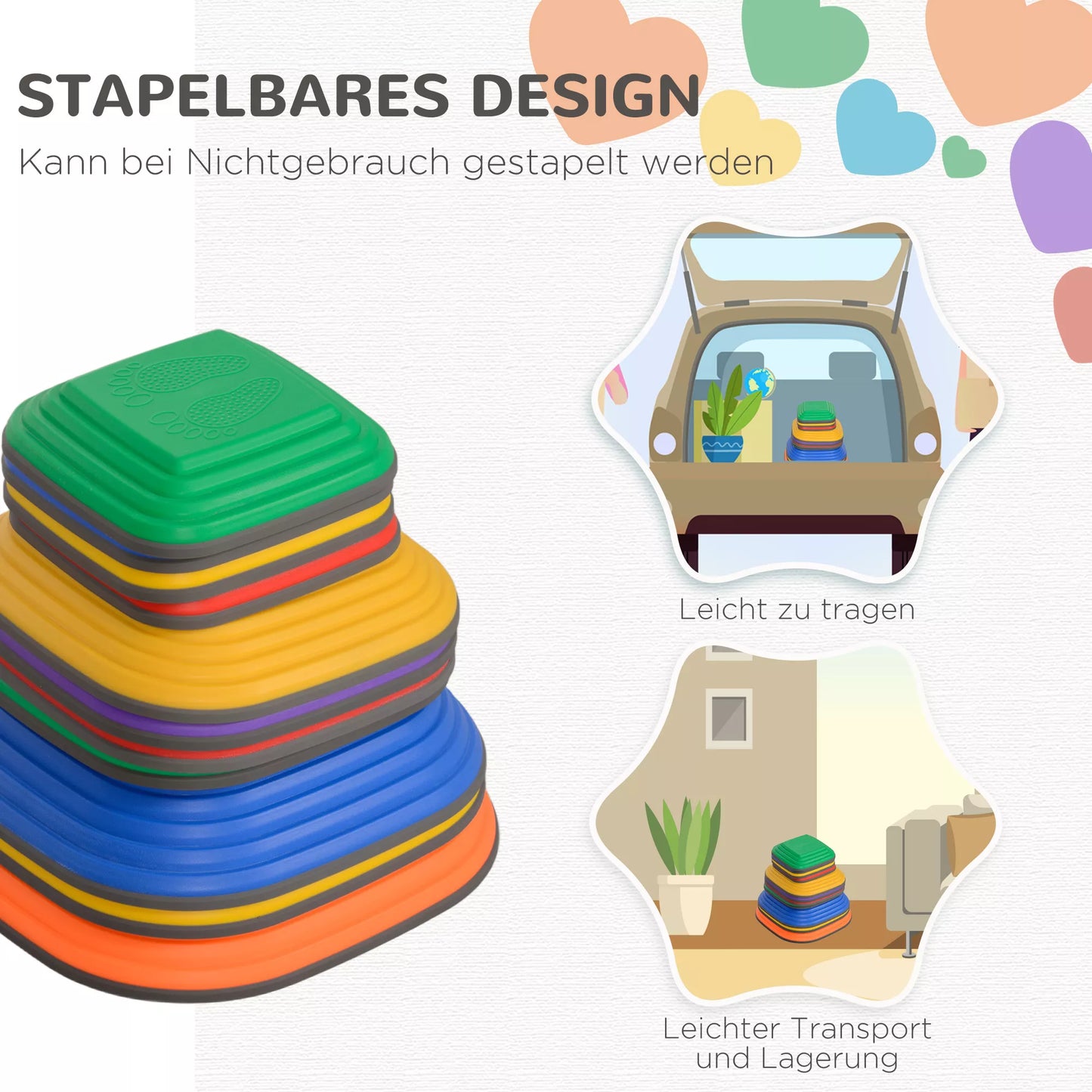 Balansinės pakylos vaikams, 11 dalių, neslystančios, kliūčių ruožo akmenukai, motorikai lavinti, plastikas, spalvingos