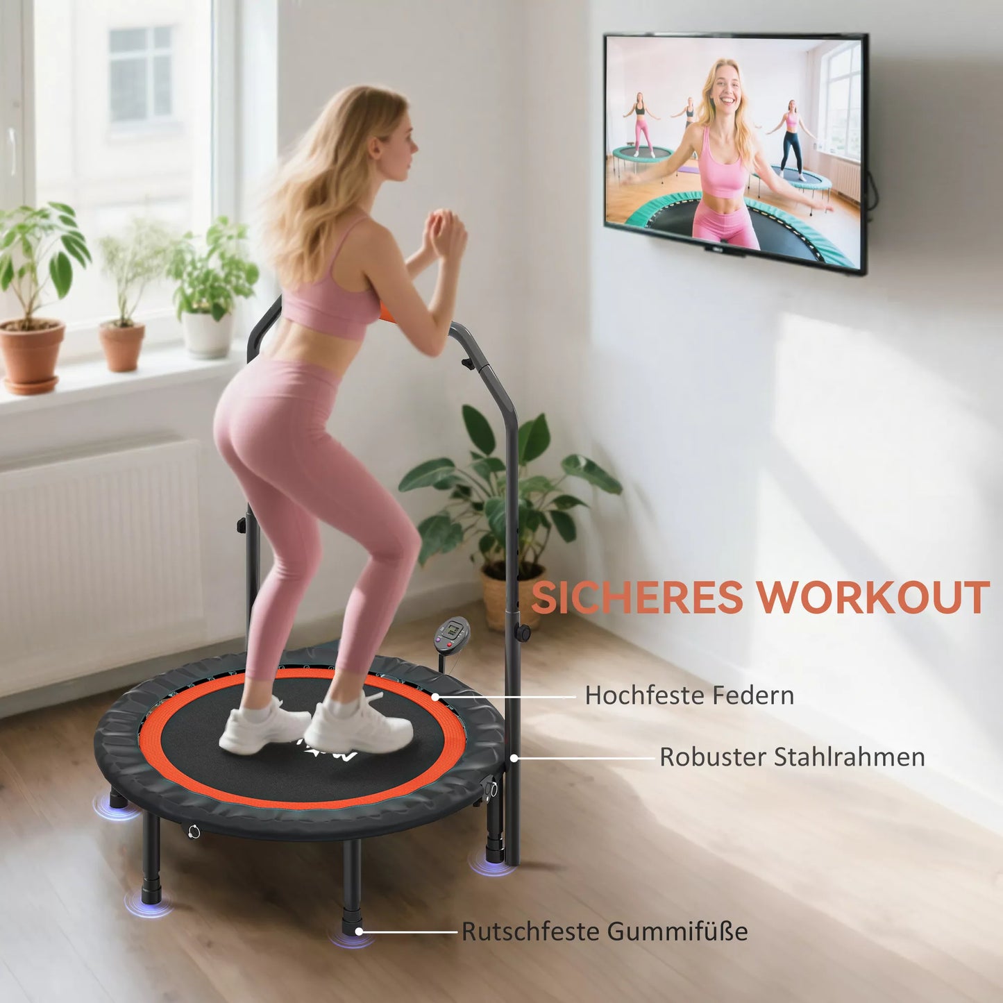 Mini batutas su aukščio reguliuojamu rankenėle, LCD monitoriumi, plieninis, juodas + raudonas, Ø102 x 99–123 cm