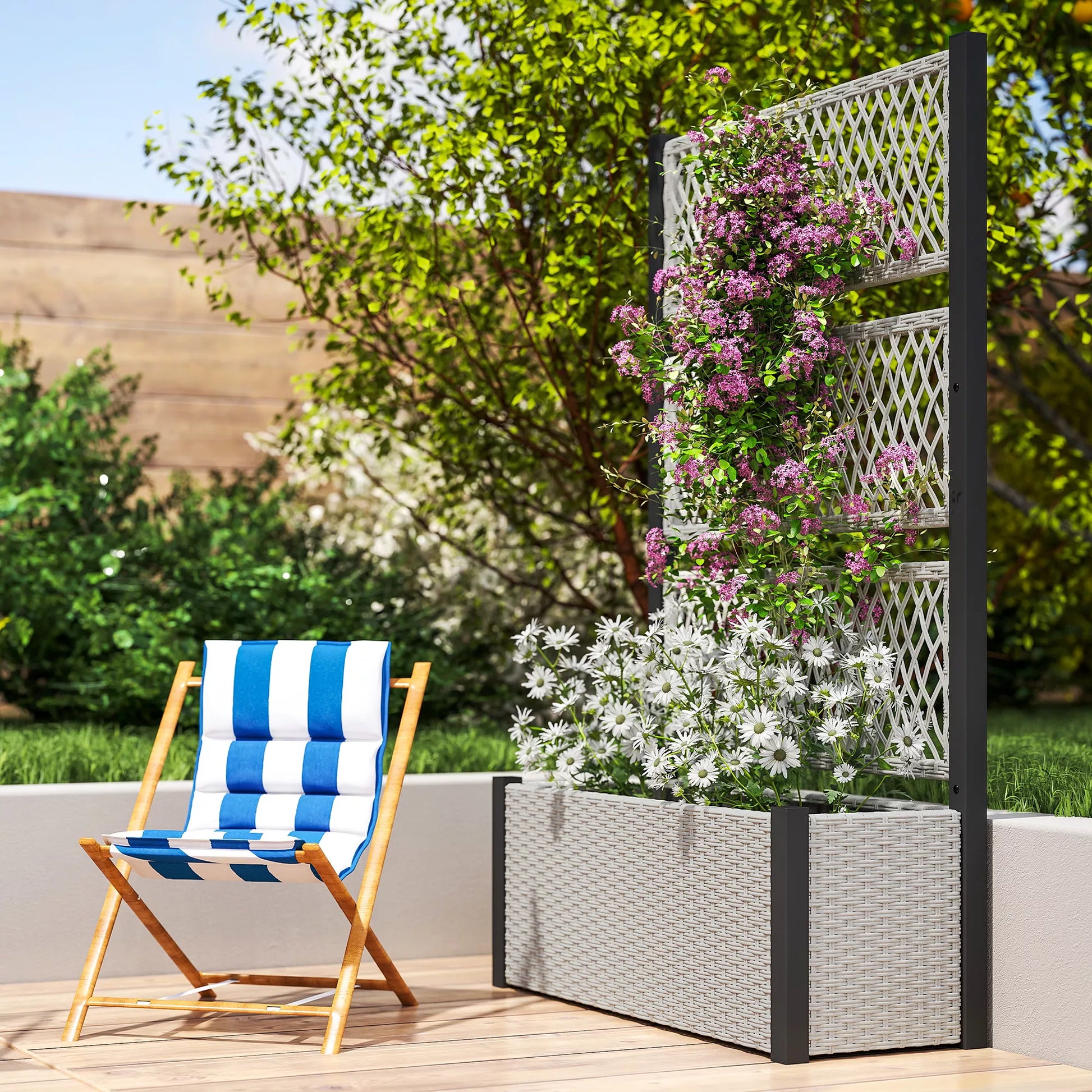 Pakelta lysvė, sienelė su atrama vijokliniams augalams, ratanas, 90x35x148 cm, pilka