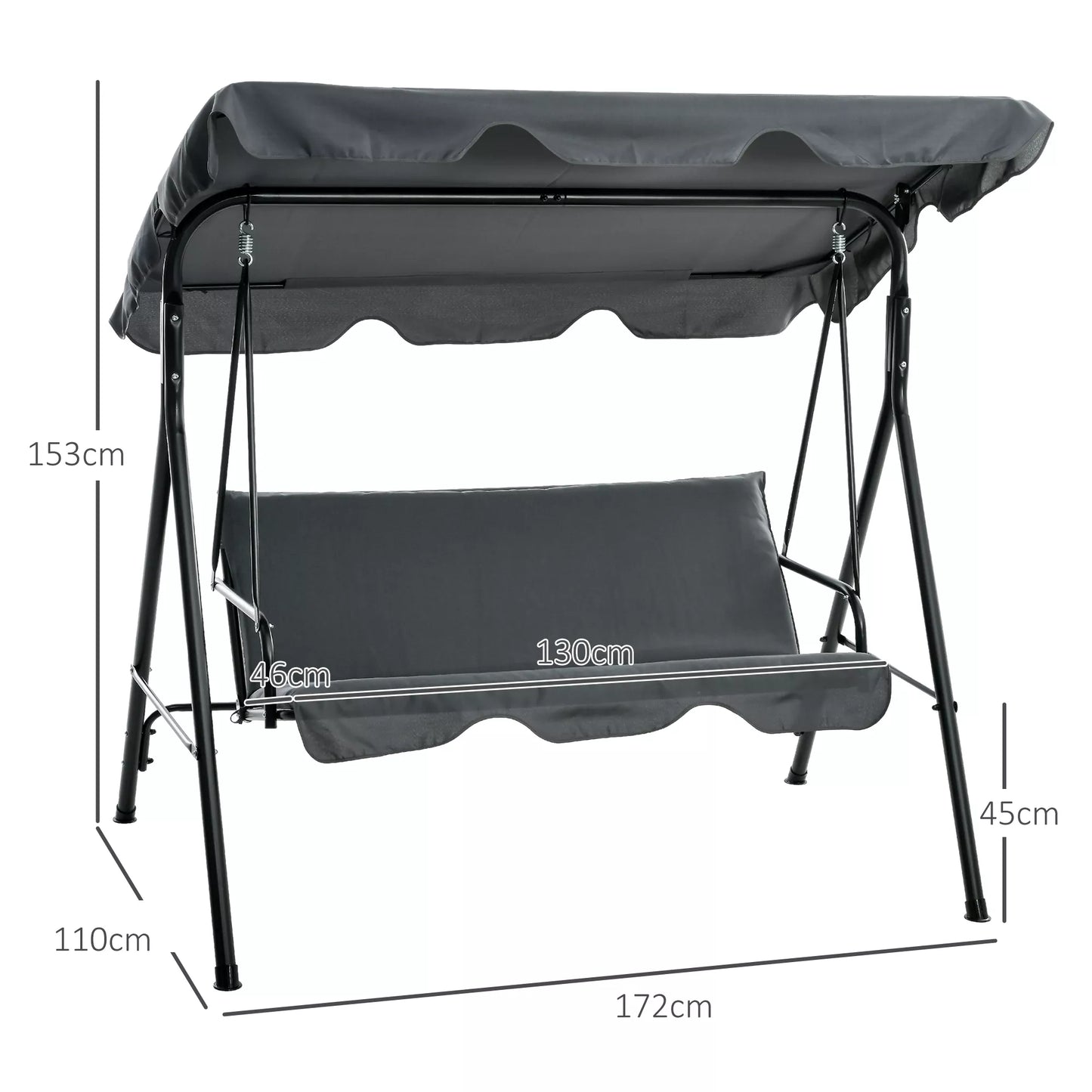 Holivudo sūpynės, sodo sūpynės, 3 vietų sūpynės su stogu, plienas, 172 x 110 x 153 cm, pilkos spalvos