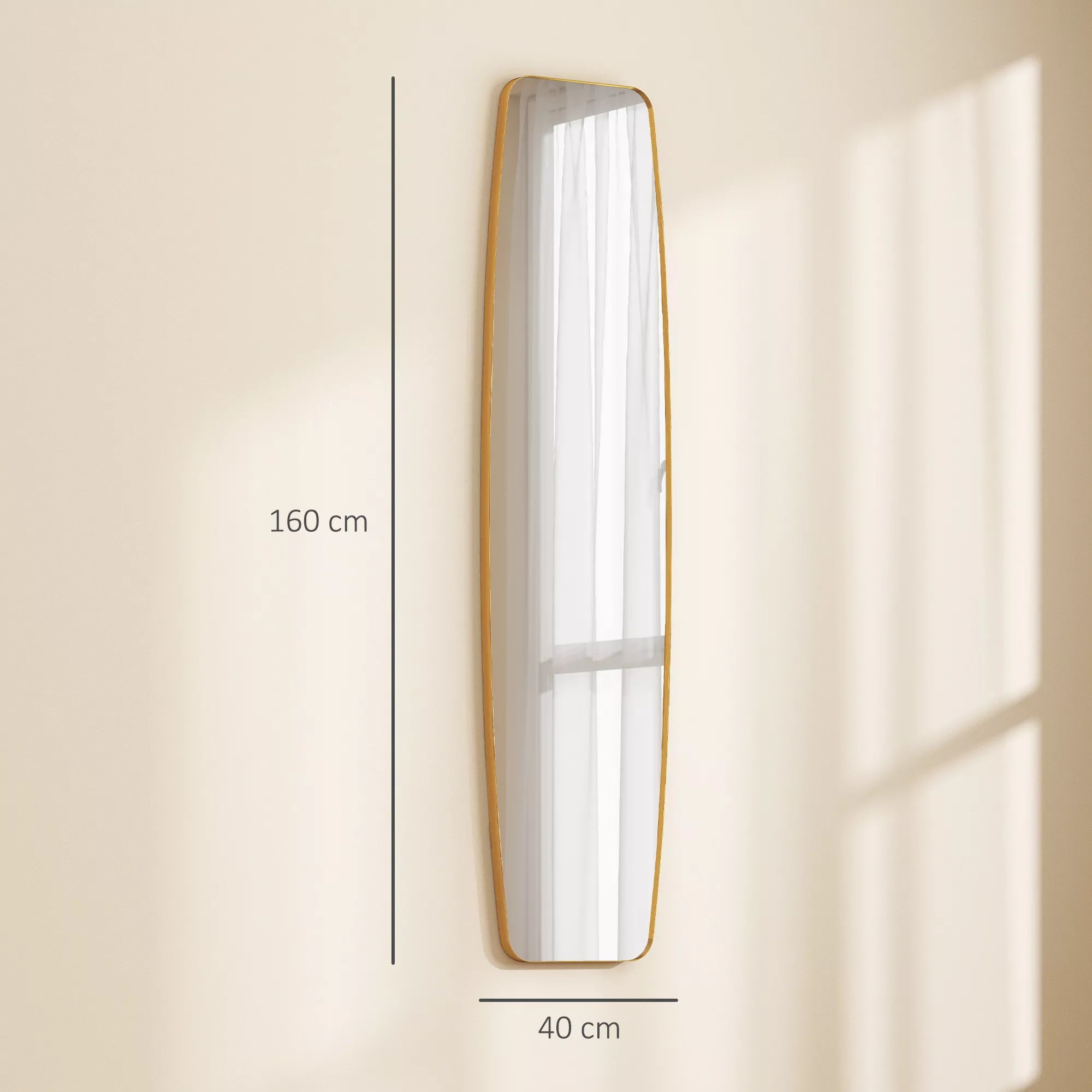 Pakabinamas veidrodis svetainei ir prieškambariui, veidrodis su metaliniu rėmu, 160x40x3 cm, auksinė