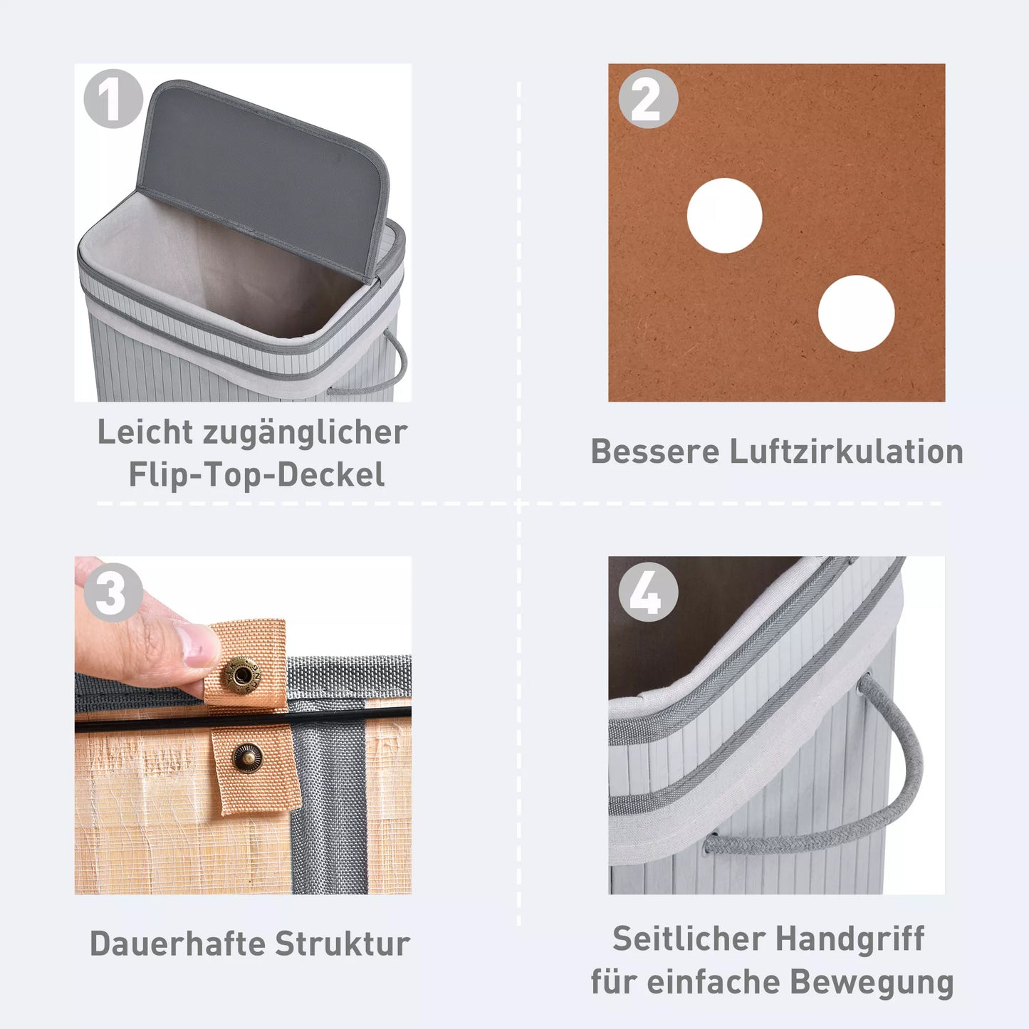 Skalbinių krepšys, 70 L skalbinių surinkėjas su dangčiu, nuimamu vidiniu įdėklu, skalbinių dėžė vonios kambariui, 40 x 30 x 60 cm, Pilkas