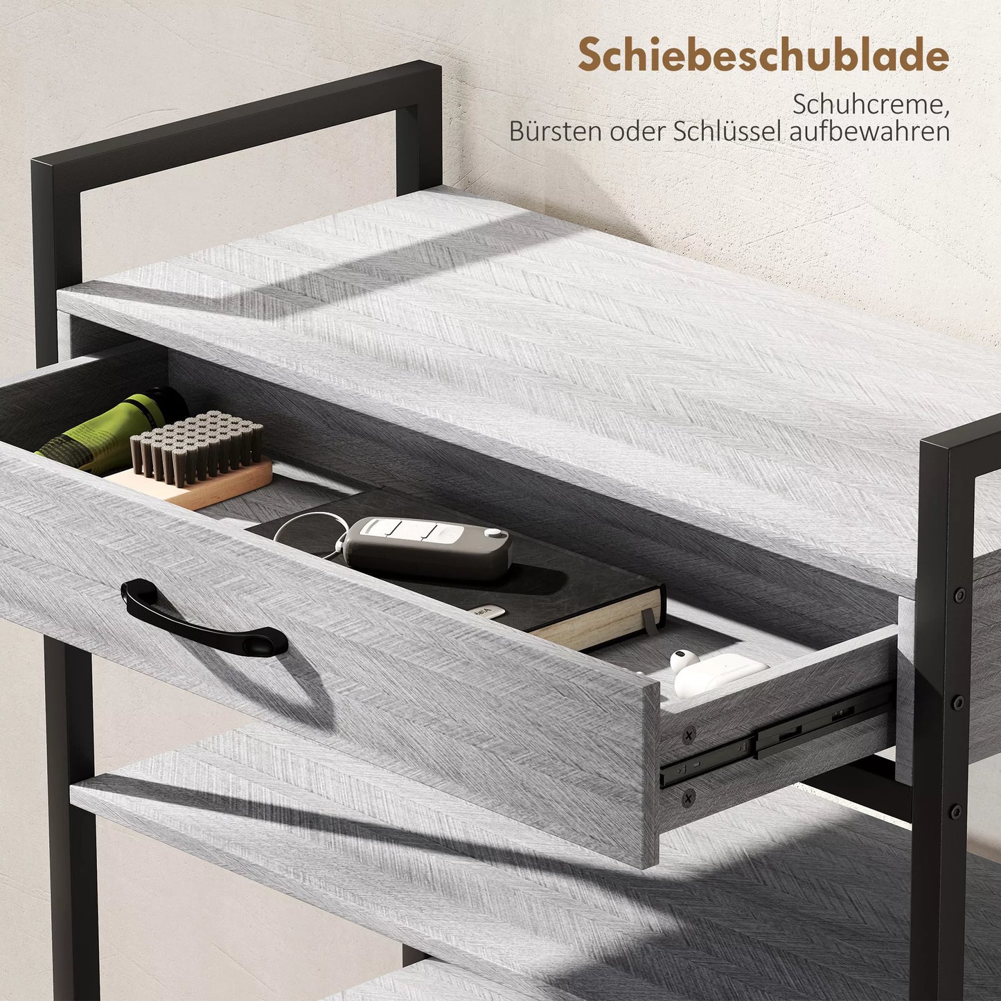 4 pakopų batų lentyna, prieškambario lentyna iki 9 porų batų, medžio drožlių plokštė, metalas, pilka