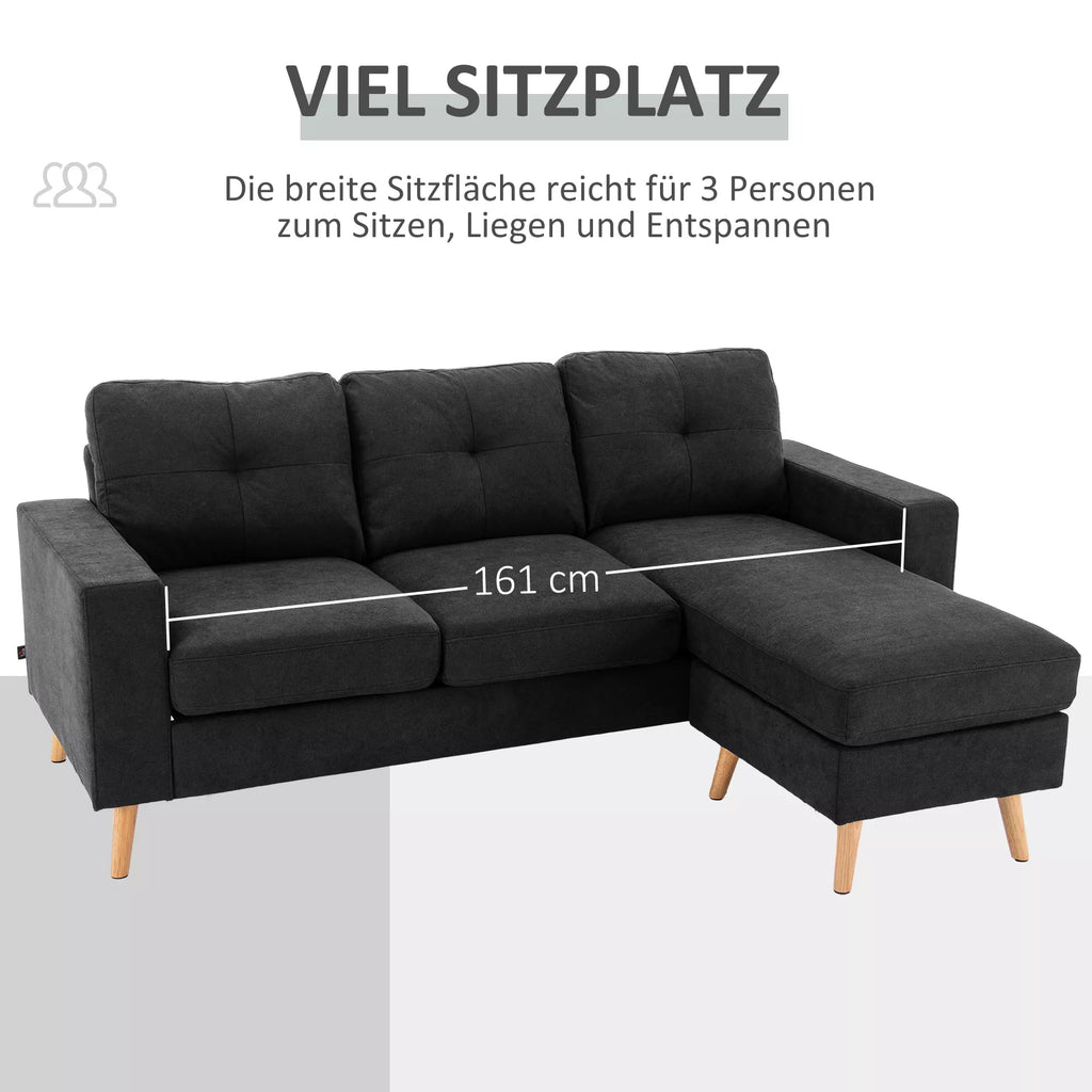 3 vietų sofa Kampinė sofa su chaise longue, su sagčių apdaila, 193 x 136 x 85 cm, Juoda