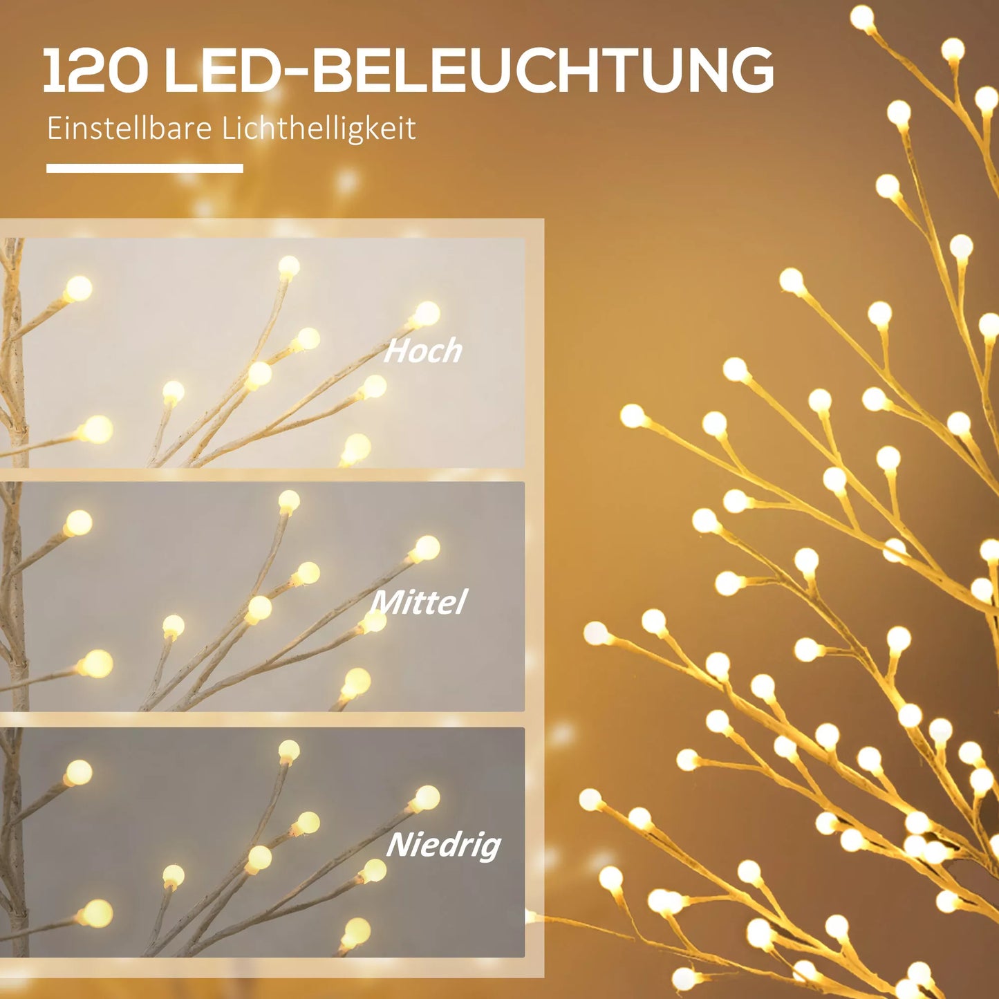 Dirbtinė beržo medelė su 120 LED lempučių, 3 šviesumo pakopomis, sulankstomomis šakomis, IP44, 150 cm, Balta