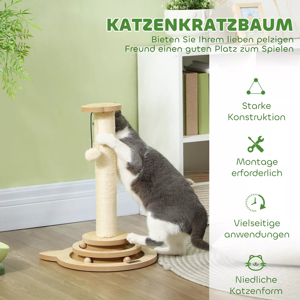 PawHut Kačių draskyklė, 49 cm, sizaliniai draskymo stulpeliai, kamuoliukų trasa, žaidimų kamuoliukas, žaidimo plunksnelė, 4-in-1 dizainas, ąžuolas, balta