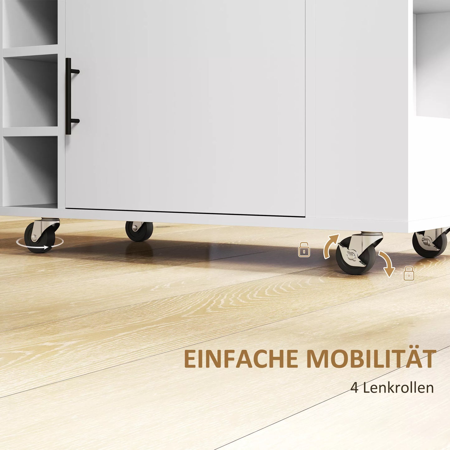 Virtuvės vežimėlis, riedanti virtuvės sala, virtuvės vežimėlis su skyreliais, vyno lentynomis, spintele ir darbo paviršiumi, baltas