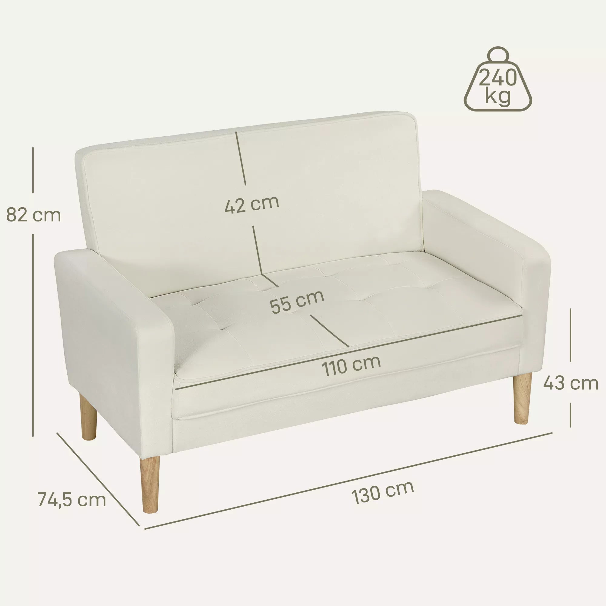 Dvivietė sofa, 130 cm pločio, kreminė balta
