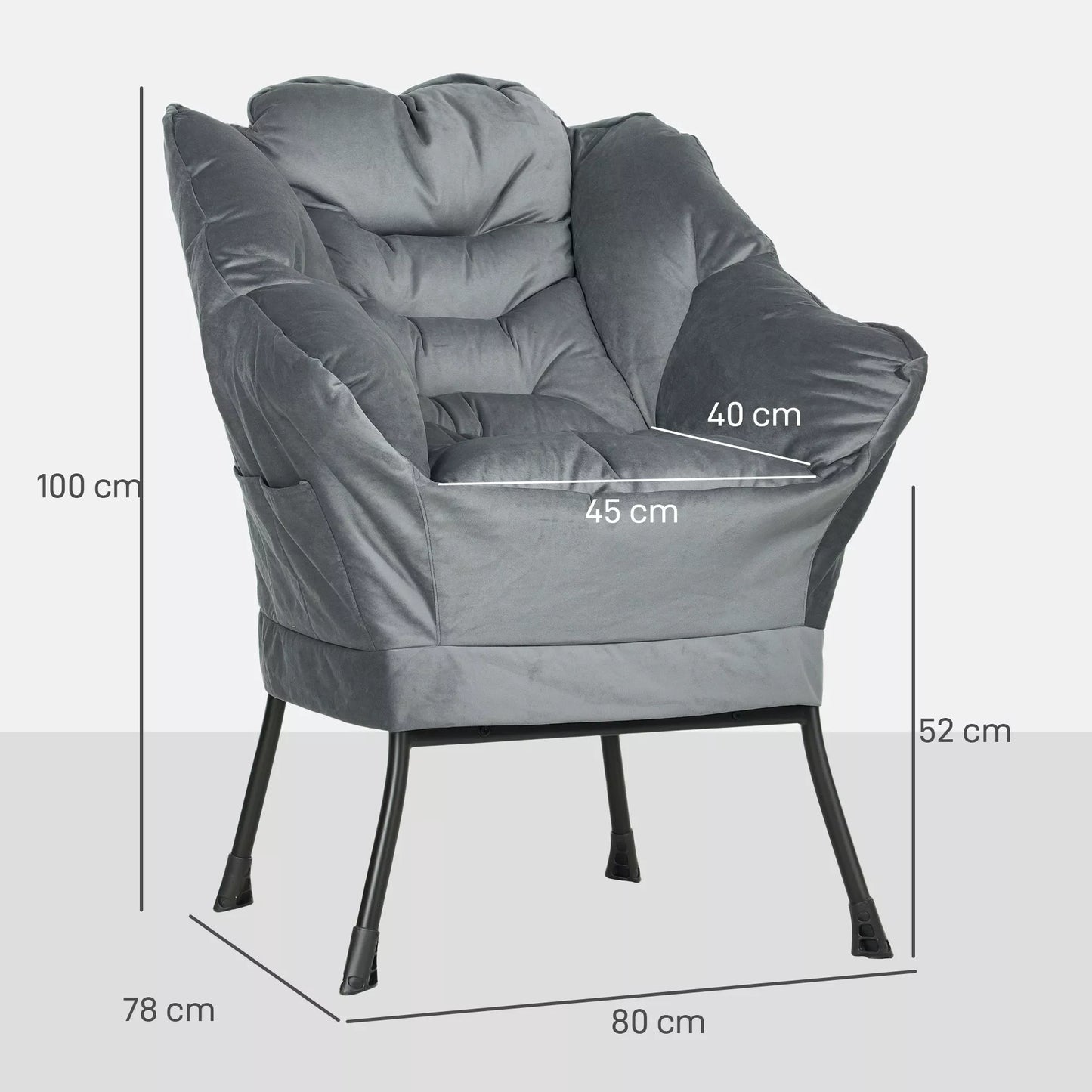 Modernus akcentinis krėslas, minkštas krėslas su plieninėmis kojomis ir šoninėmis kišenėmis, skirtas svetainei, miegamajam, pilkos spalvos