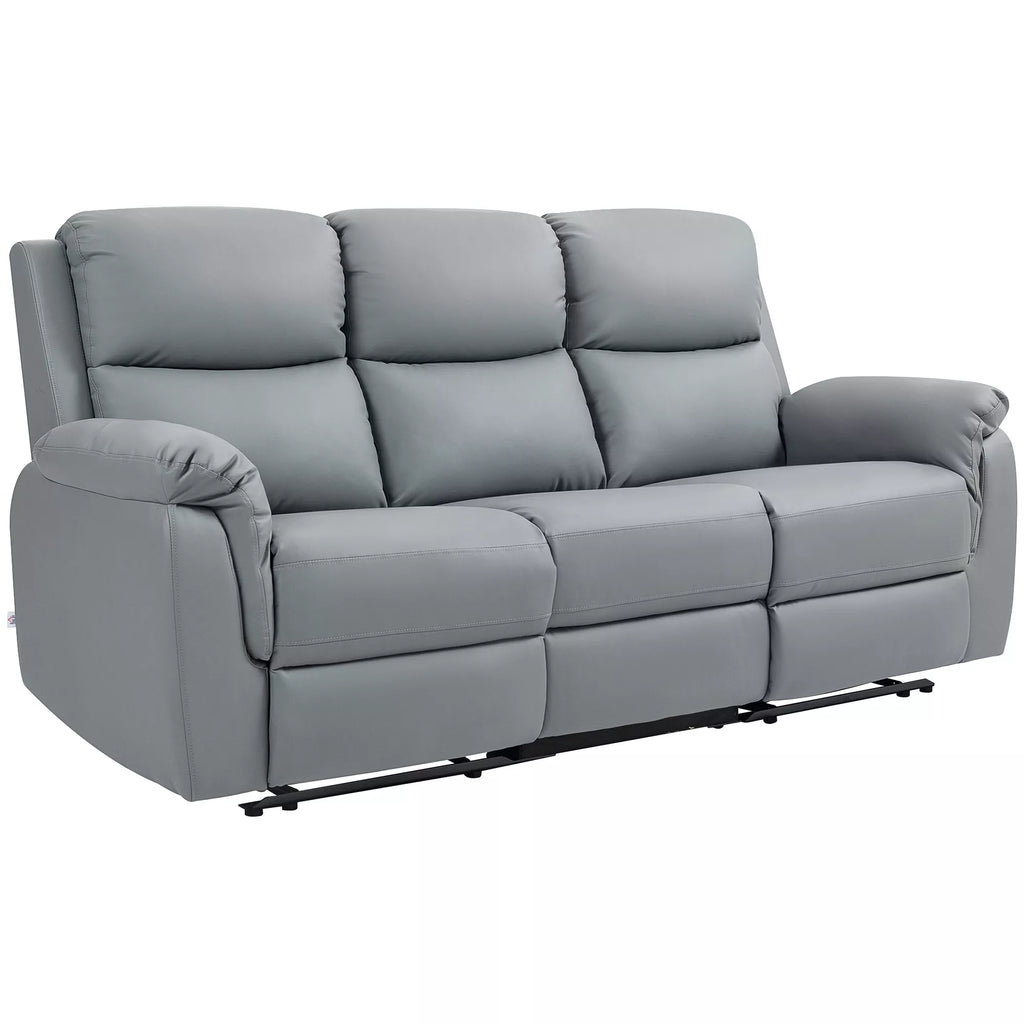 3 vietų sofa, kairė ir dešinė sėdynės atlenkiamos, reguliuojama atrama kojoms, dirbtinės odos apmušalas, skirta svetainei, tamsiai pilka