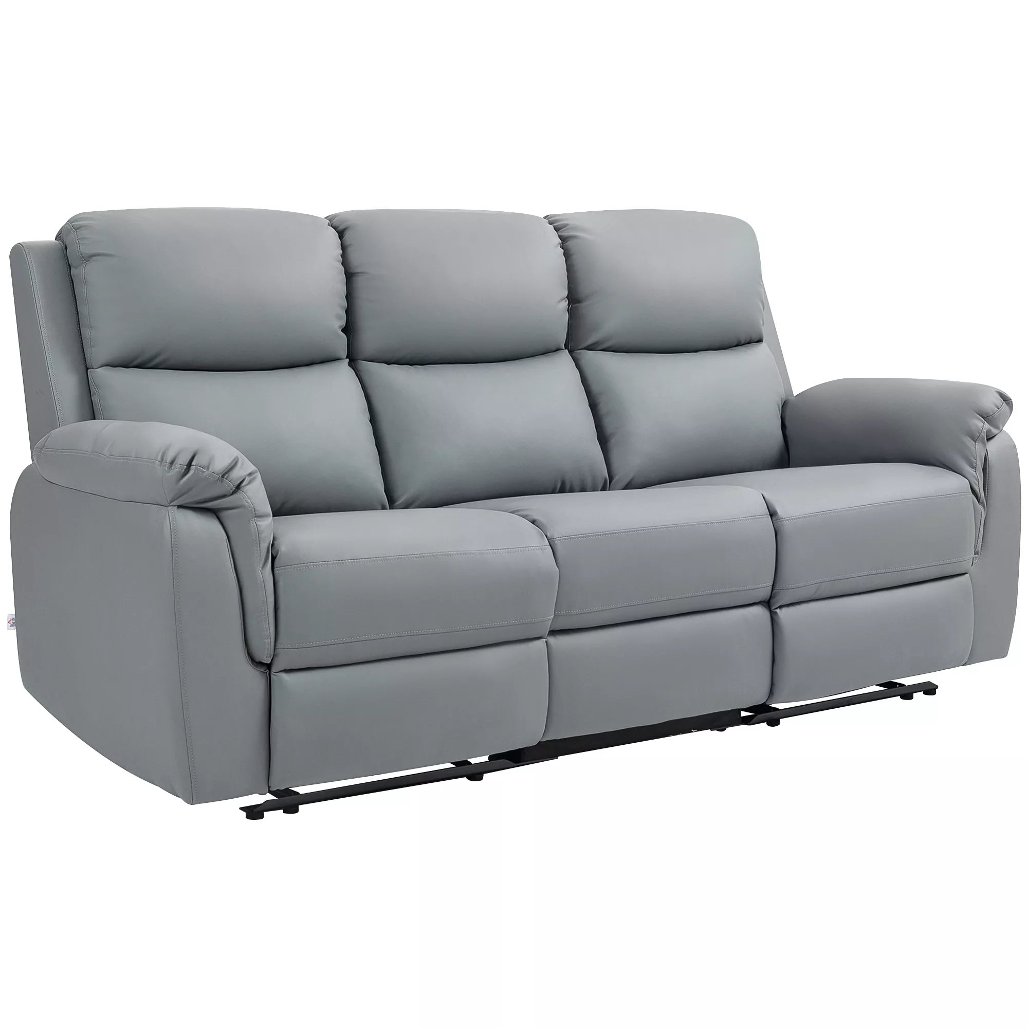 3 vietų sofa, kairė ir dešinė sėdynės atlenkiamos, reguliuojama atrama kojoms, dirbtinės odos apmušalas, skirta svetainei, tamsiai pilka