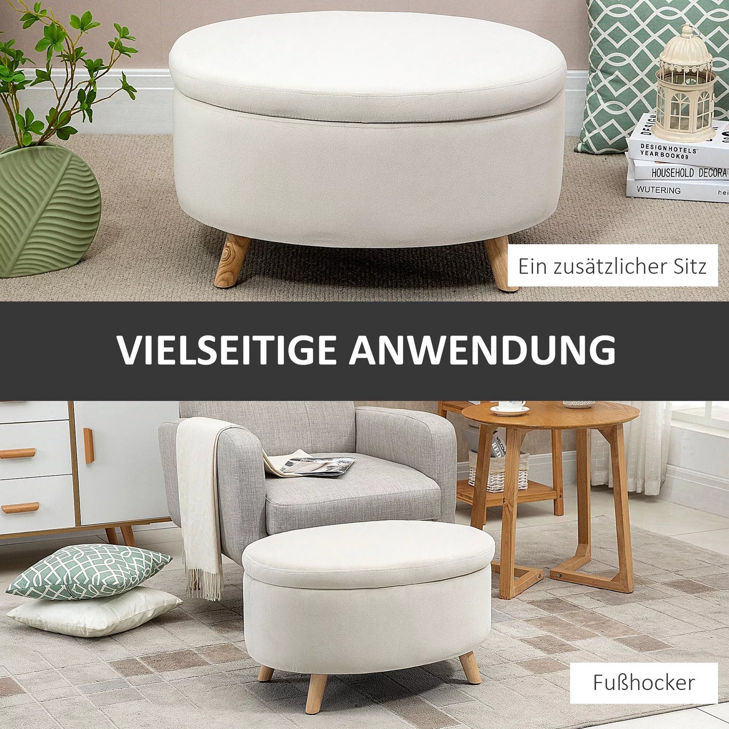 Sėdima suolas su daiktadėže, pufas, ovalo formos, aksomo išvaizdos, iki 120 kg, 71 x 51,5 x 42 cm, smėlio spalvos