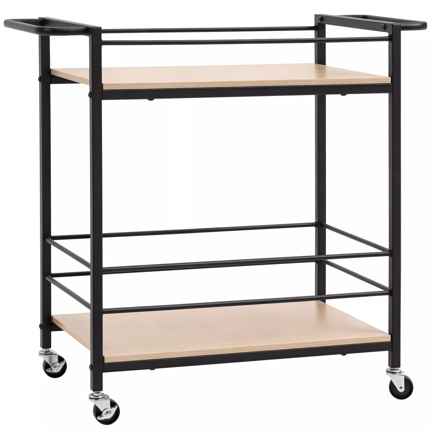 Virtuvės vežimėlis su 2 lentynomis, turėklu, plienas, juoda+medžio spalva, 82 x 40 x 75cm