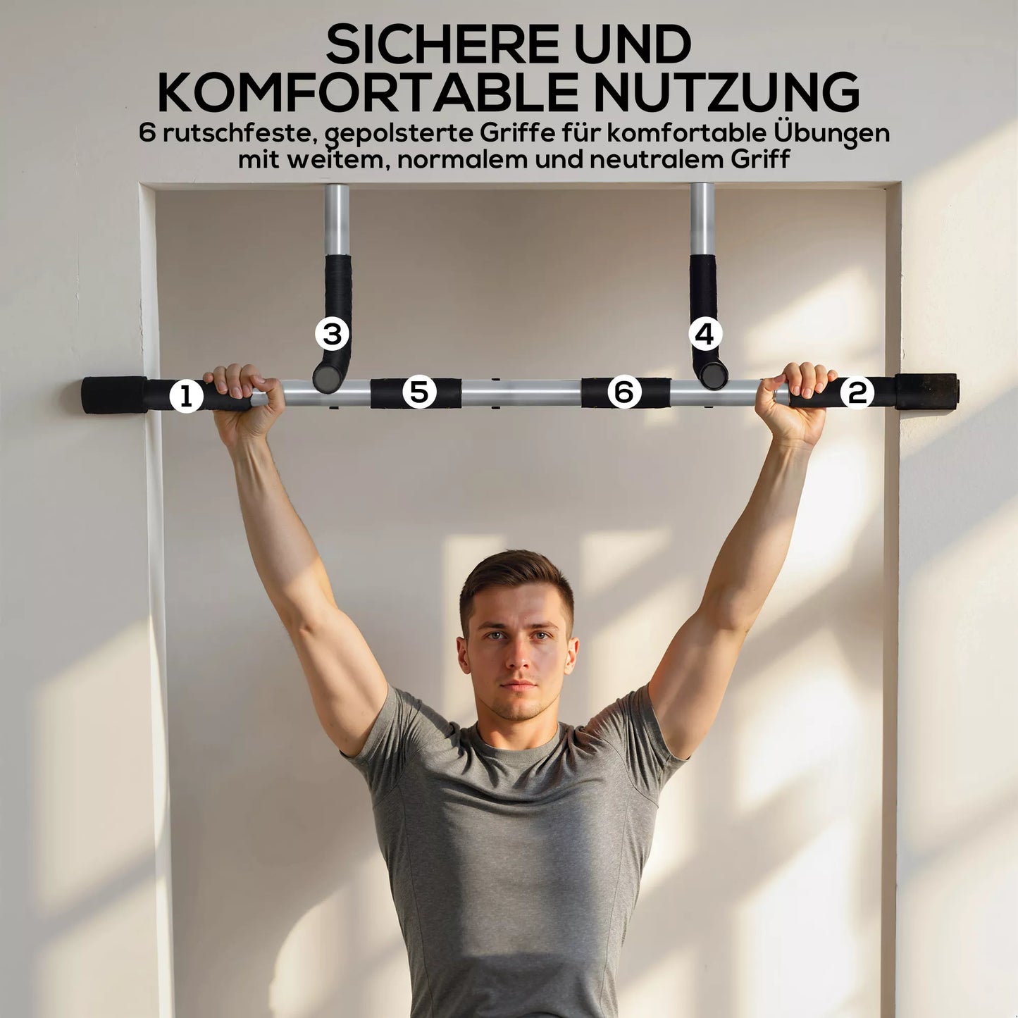 Prisitraukimo strypas, treniruočių laikiklis, daugiafunkcinis durų skersinis, plienas, putplastis, 92 x 40 x 17 cm, juoda+pilka