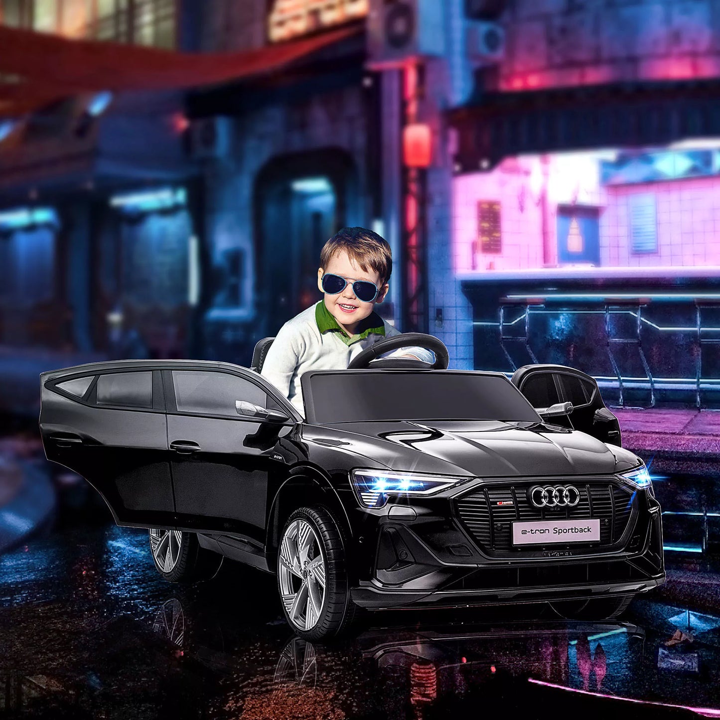 Elektrinis vaikiškas automobilis 12V Audi E-tron, elektrinė transporto priemonė su nuotolinio valdymo pulteliu, saugos diržu, muzika (MP3/USB/TF), vaikiška transporto priemonė vaikams nuo 3 iki 5 metų, 3-5 km/h, juodas