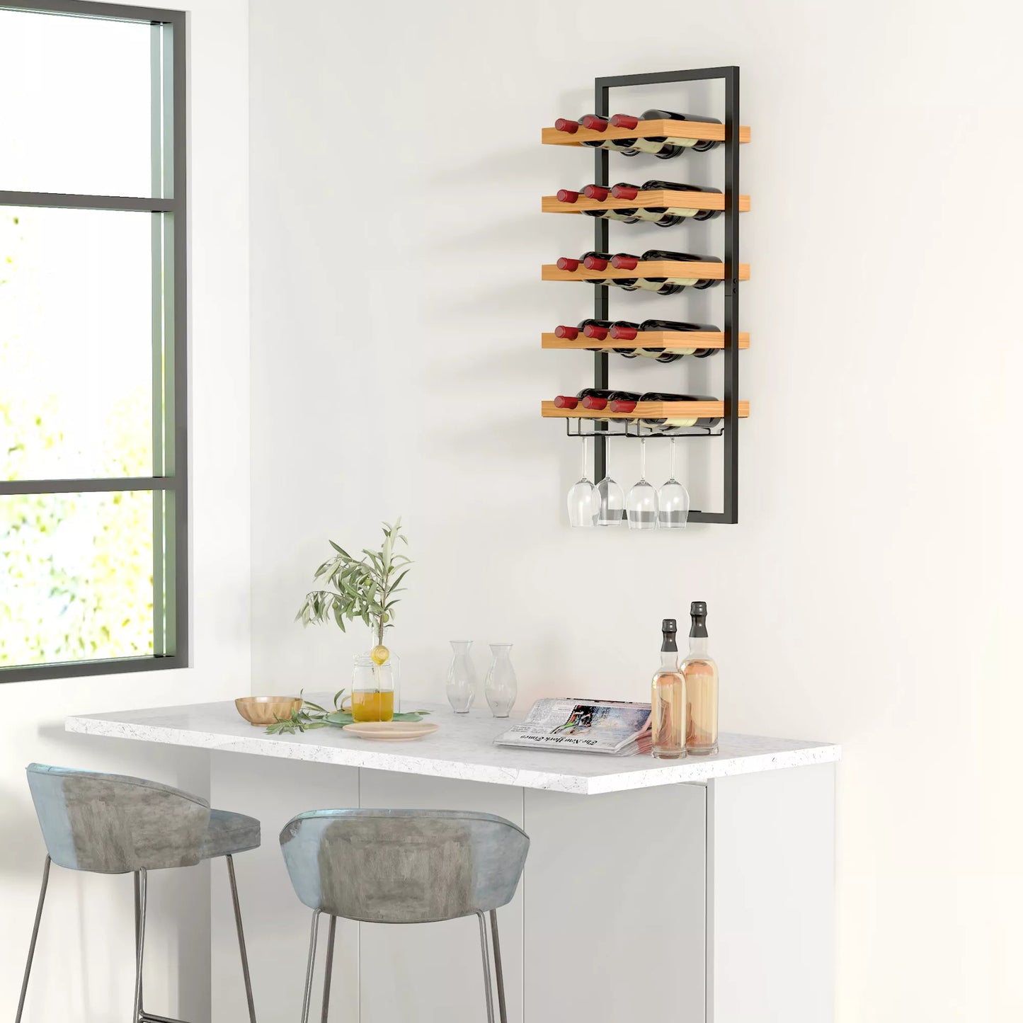 Sieninis vyno stovas, 5 lygiai, butelių laikiklis, stiklinių laikiklis, pušies mediena, plienas, namų barui, virtuvei, svetainei, rudos spalvos