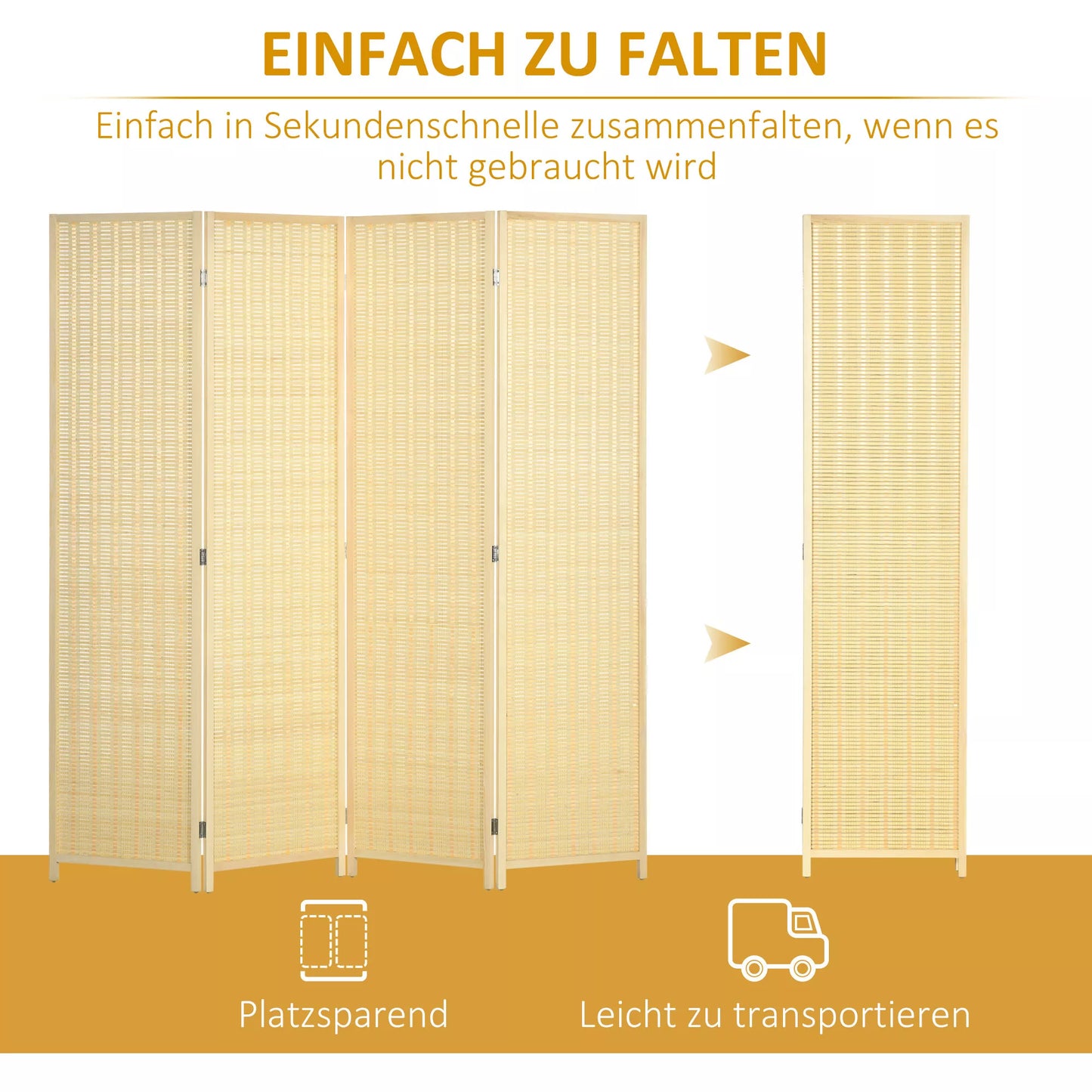 4 dalių sulankstoma kambario pertvara 180 x 180 cm, pagaminta iš bambuko ir medvilnės, natūralios spalvos, skirta svetainei, miegamajam