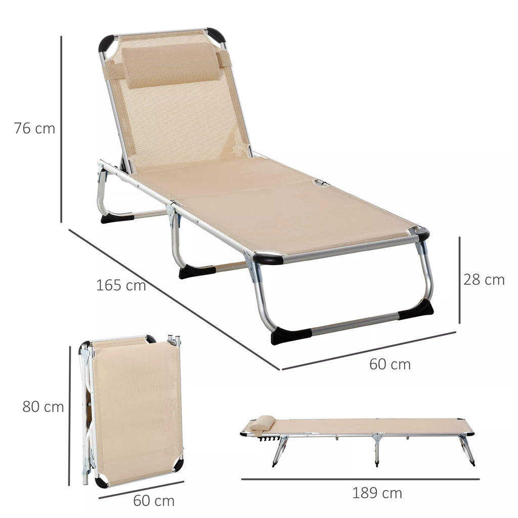 Sulankstomas gultas su pagalve, ergonomiškas gultas su 4 pakopų reguliuojamu atlošu, aliuminis, atlaiko iki 120 kg svorį, skirtas sodui, terasai, baseinui, paplūdimiui, smėlio spalvos.