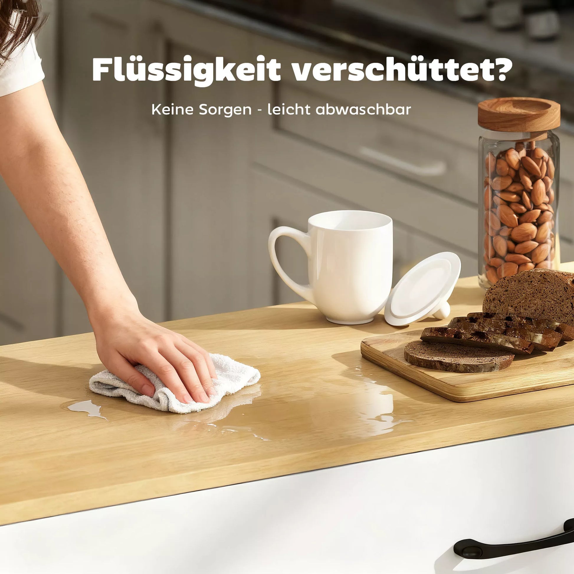 Kompaktiška virtuvės salelė su ratukais, prailginamu stalviršiu, švelniai užsidarančiomis durelėmis, stalčiais ir rankšluosčių laikikliu. Pagaminta iš baltos MDF plokštės.