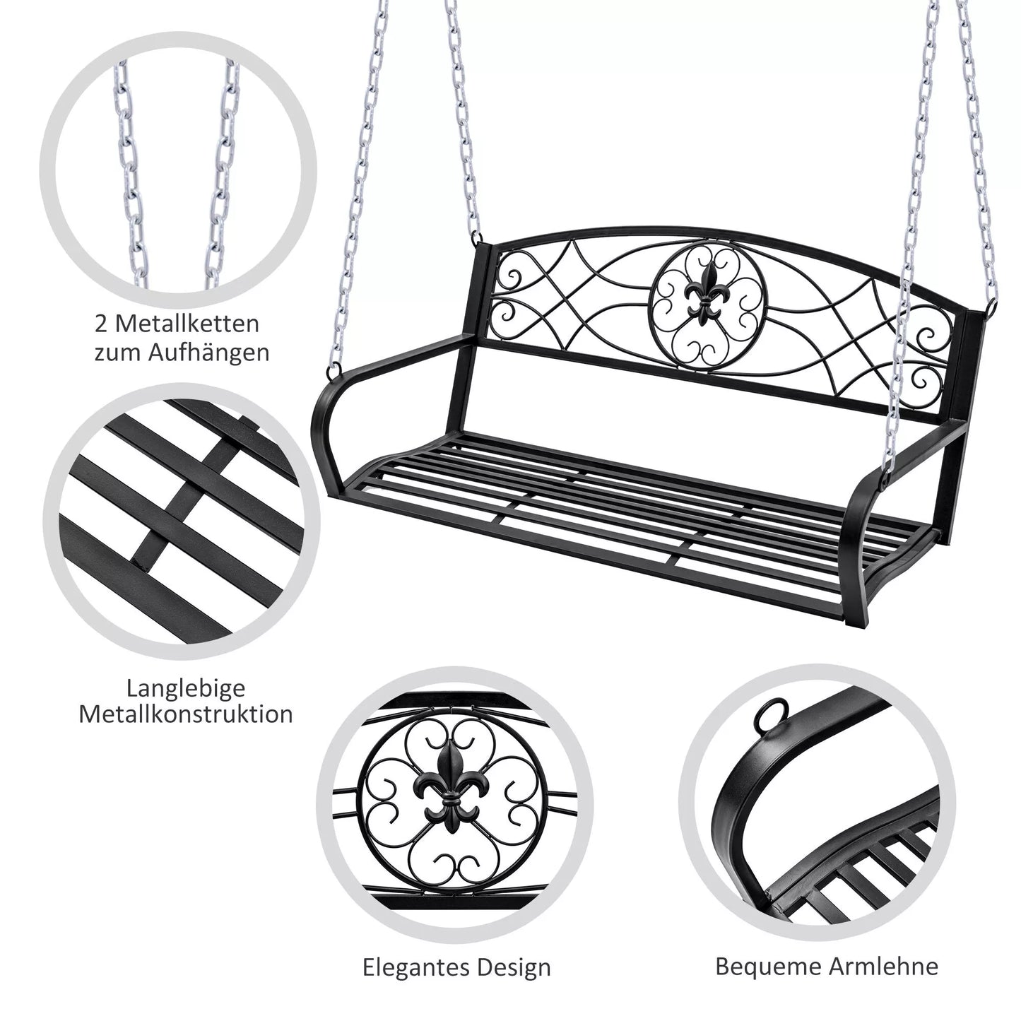 Pakabinama suolelė 2 vietų Sodo sūpynės Sūpynės suolelis Holivudo sūpynės Pakabinama suolelė su grandinėmis Metalo Juoda 132 x 63 x 58 cm