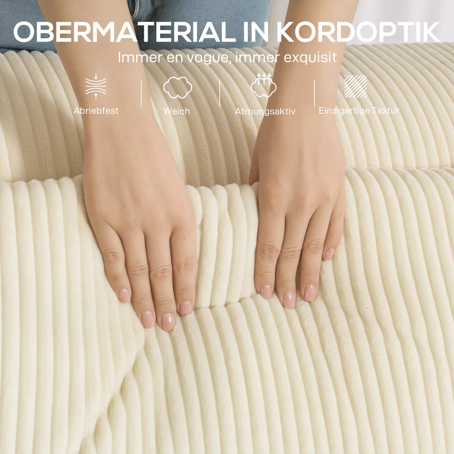 3-vietės sofa, minkšta putplasčio struktūra, plačios porankiai, 2 pagalvės, kordas apmušalas, smėlio spalvos