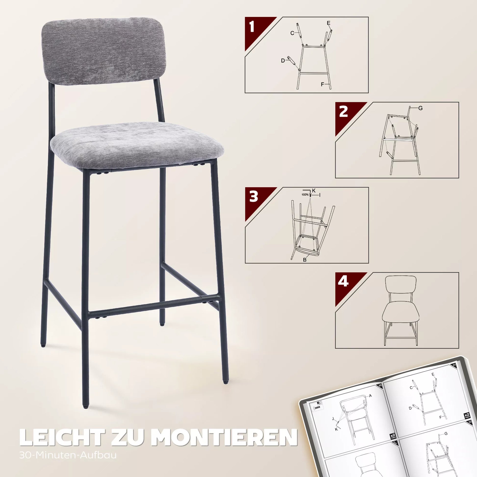 Baro kėdžių komplektas 2 vnt. su atlošu ir kojų atrama, paminkštintos, audinio apmušalas, pilkas