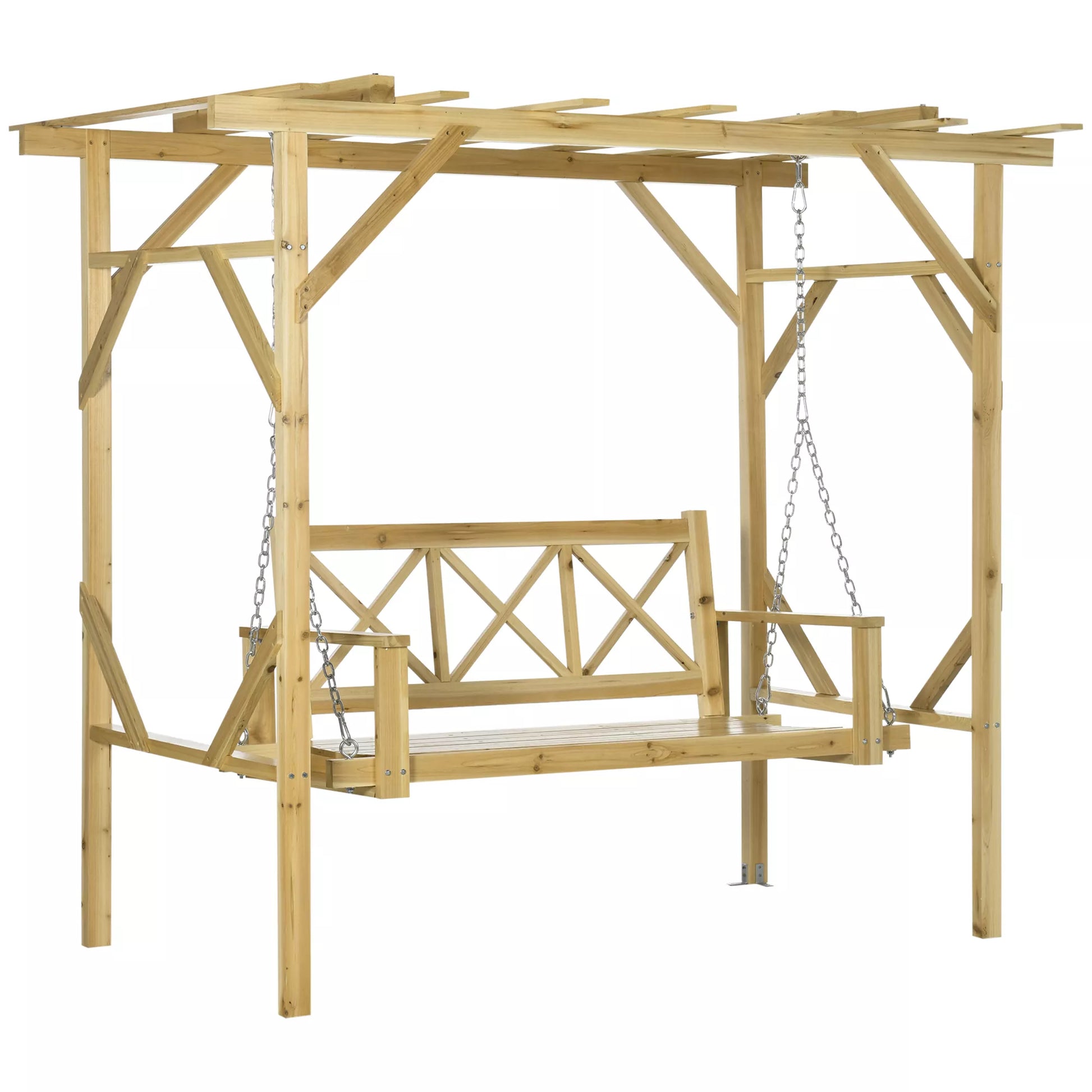Sūpynės su pergola, 2 asmenims, reguliuojamo aukščio, masyvi medinė konstrukcija, 2,21 x 1,40 x 1,96 m