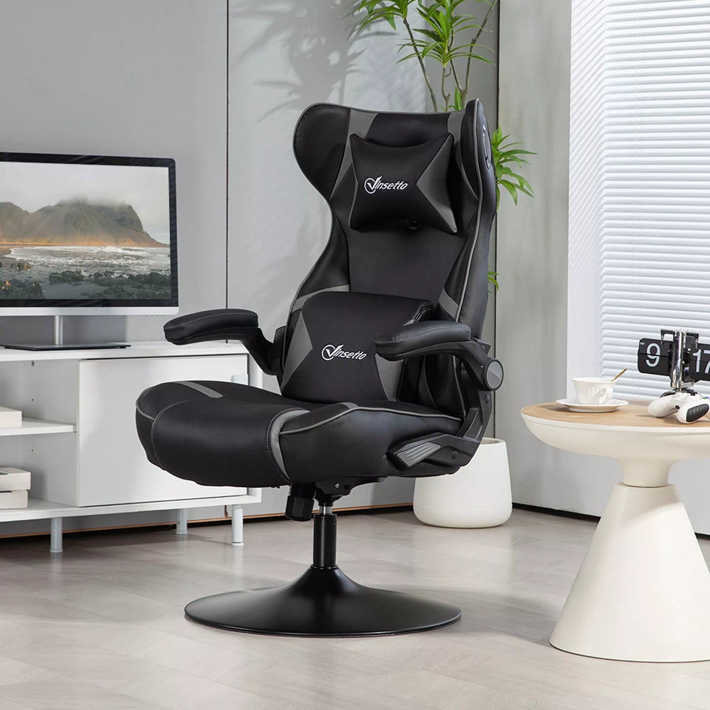 Žaidimų kėdė su supimosi funkcija ir garsiakalbiu, juosmens ir kaklo atrama, žaidimų kambariui, dirbtinė oda, pilka + juoda