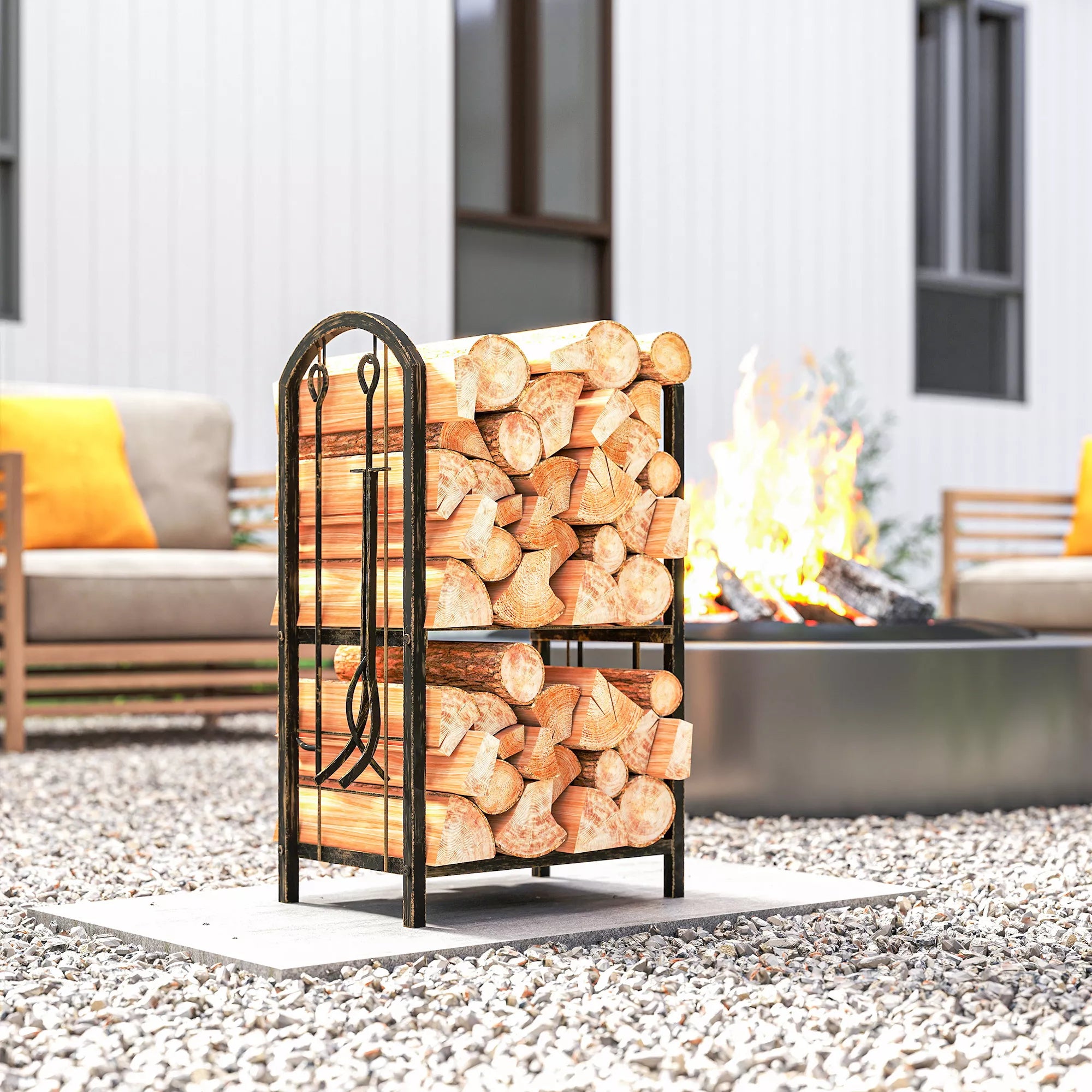 Kaminwood shelf for indoor use 43 x 30 x 74 cm 2-tier firewood shelf with 4 fireplace tools, hooks