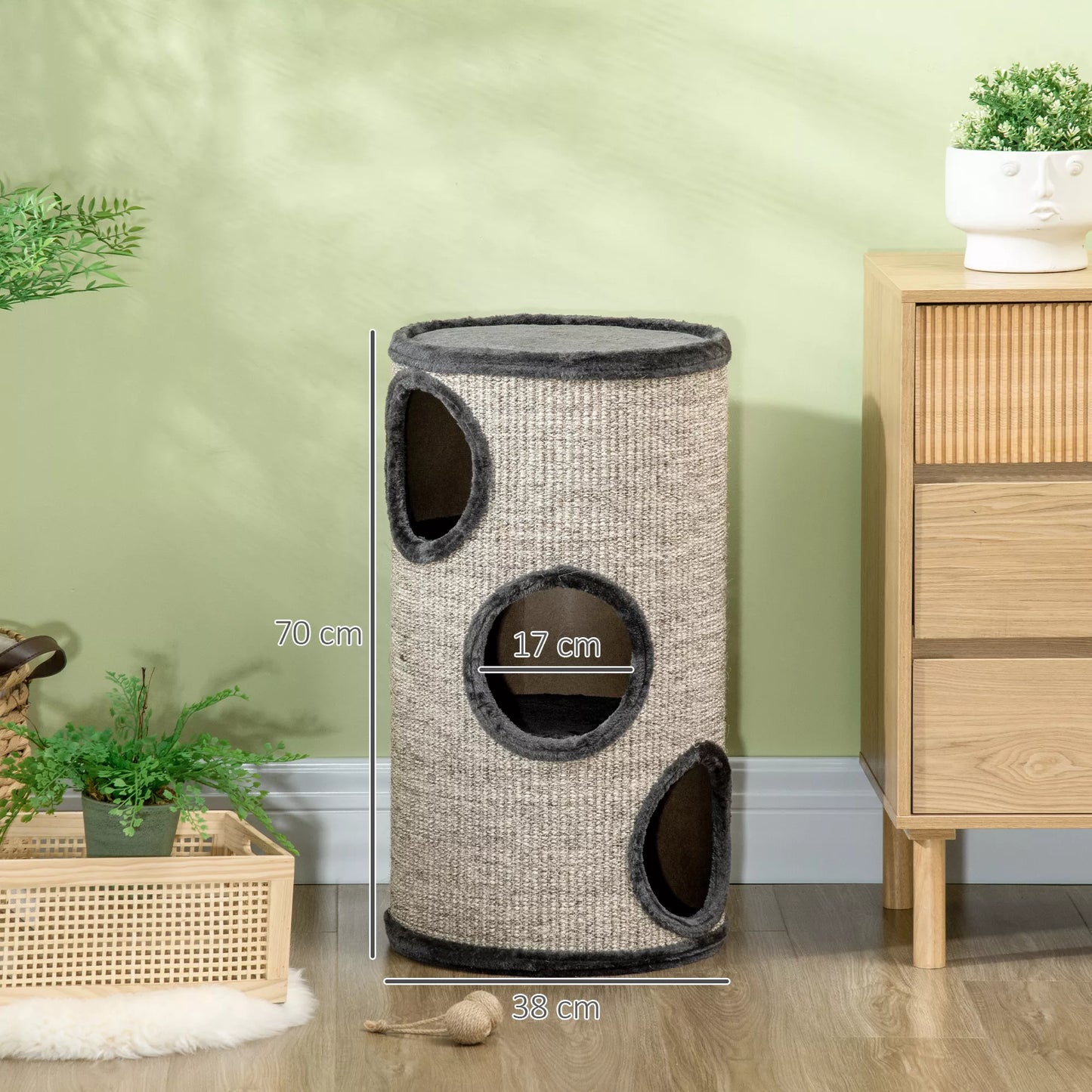 Draskomasis bokštas su 3 lygiais, su draskomuoju paviršiumi iš sizalio virvės, katėms, 38 cm x 38 cm x 70 cm, Pilkos spalvos