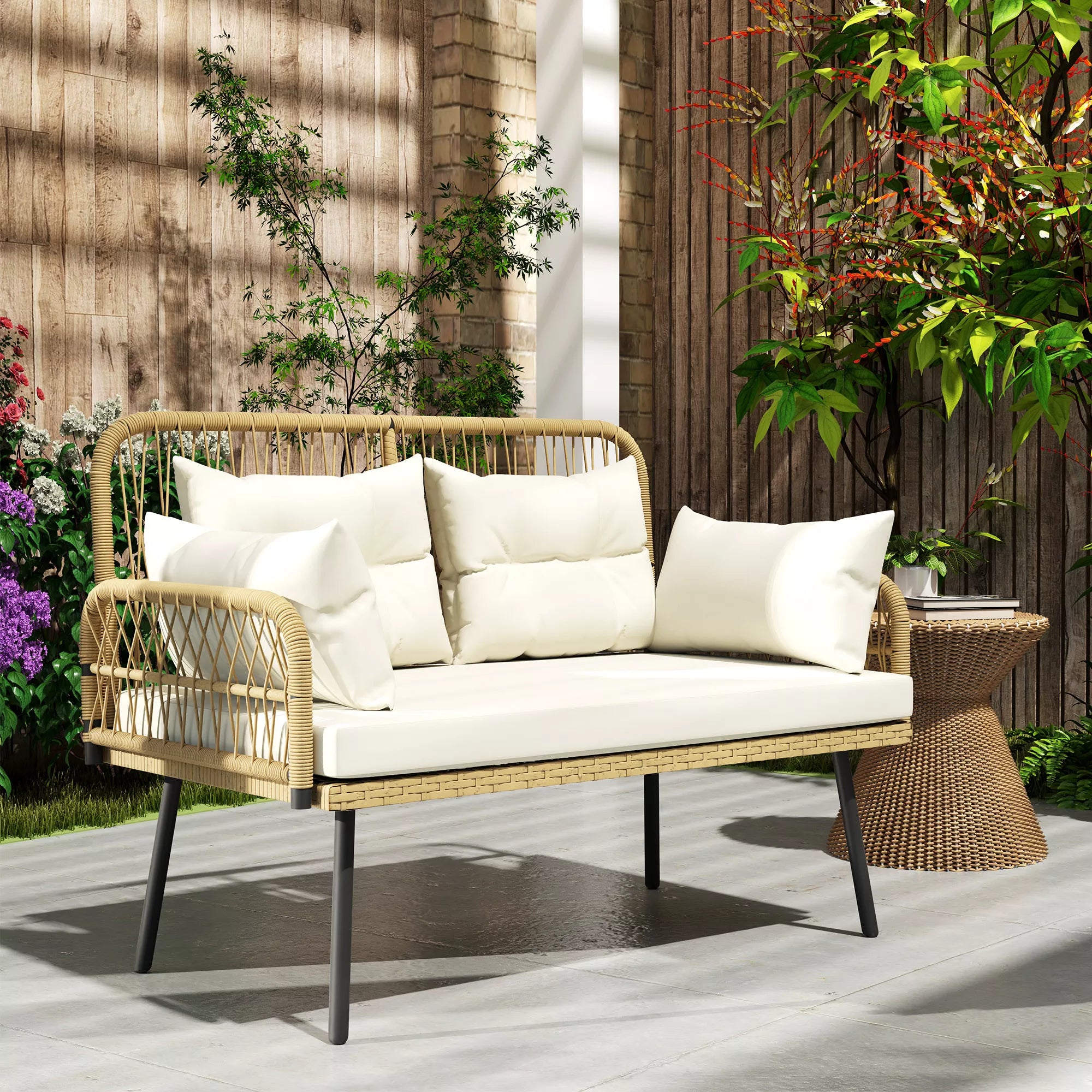 Lauko sofa su pagalvėlėmis, dvivietė sofa balkonui, boho, ratanas ir plienas, 115x61x82 cm, natūralaus medžio spalva,
