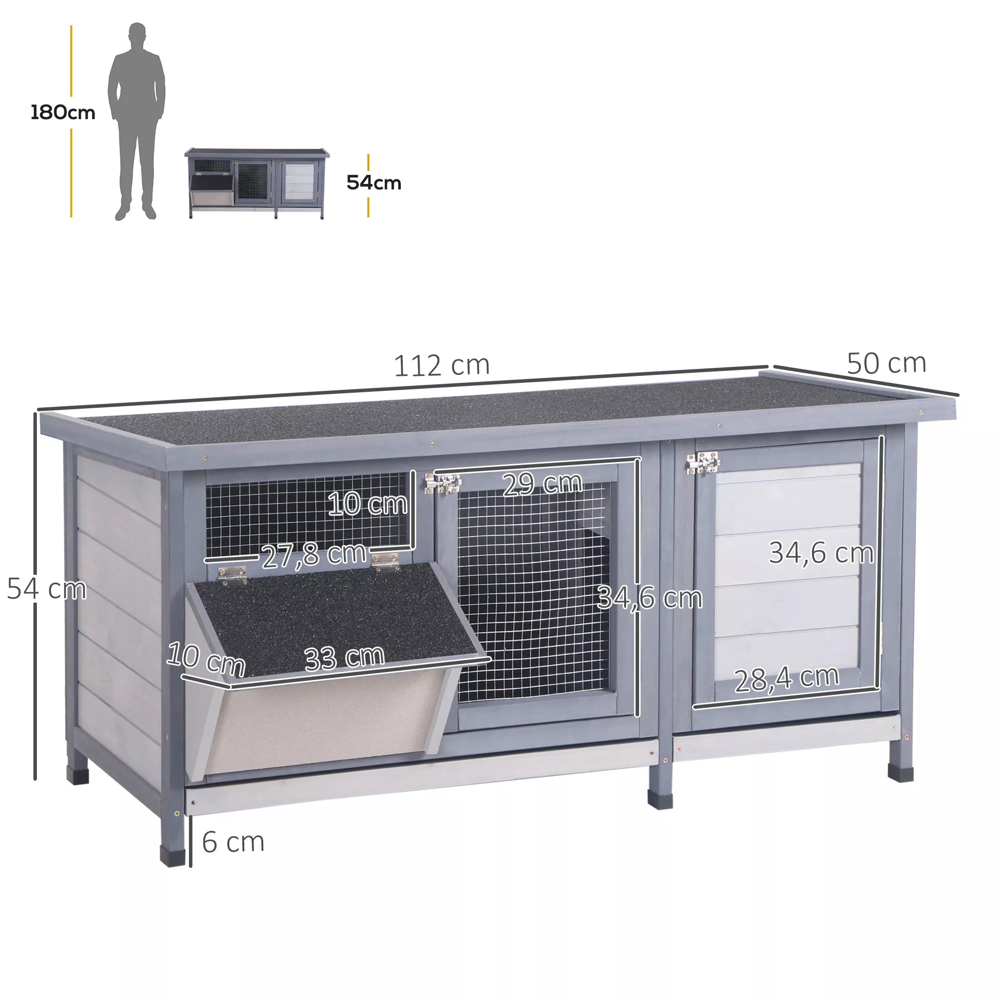 Truputis žiemos atsparus medinis triušių narvas 112x50x54 cm Triušių narvas su bituminiu stogu, 2 durimis, metaliniu tinkleliu, triušių narvas triušiams, jūrų kiaulytėms Lauko Pilka+Juoda