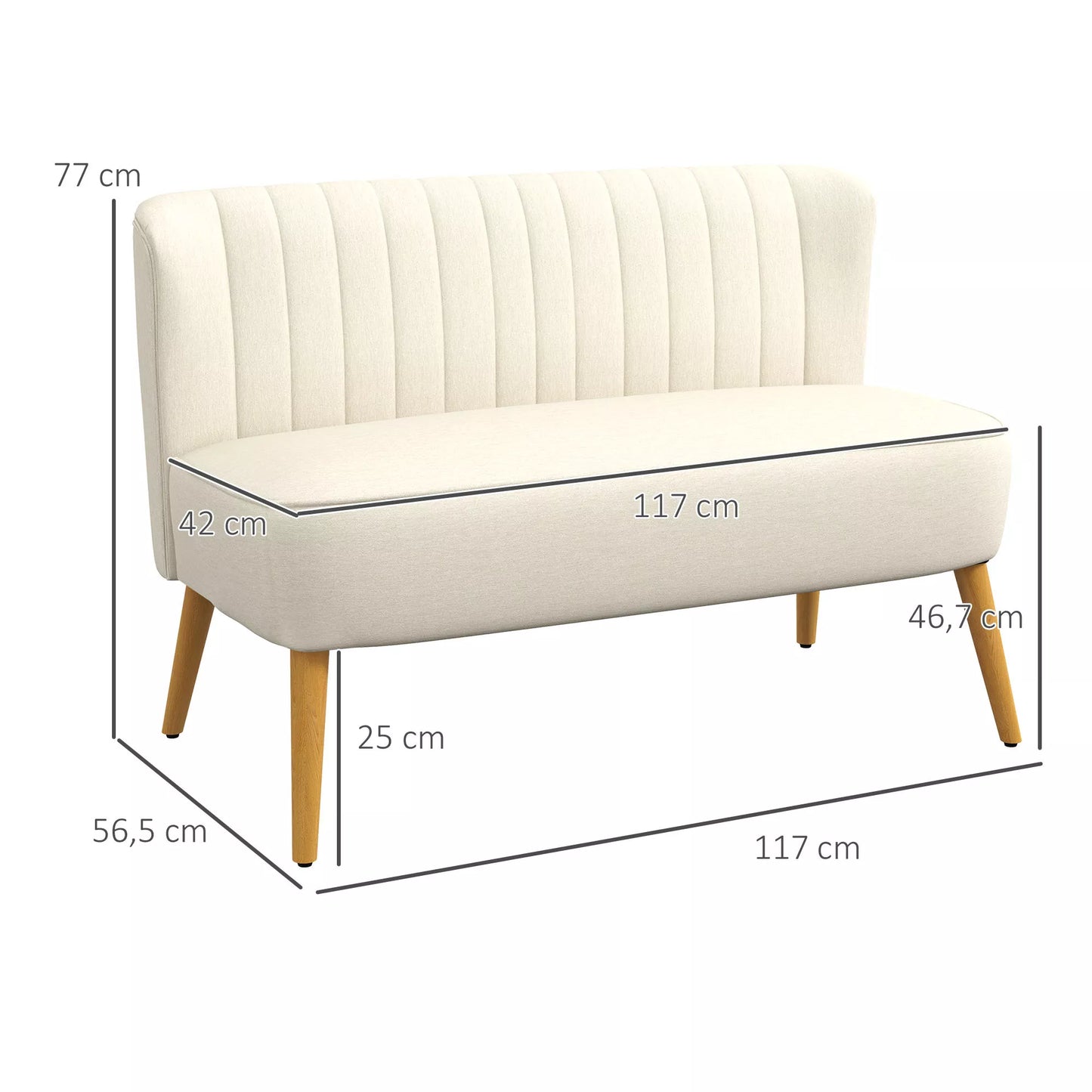 2 vietų sofa, minkštas paminkštinimas, lengvai prižiūrimas užvalkalas, iki 150 kg, 117 x 56,5 x 77 cm, kreminės baltos spalvos