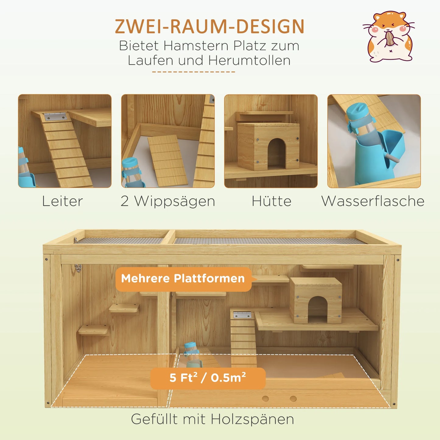 Mažų gyvūnų narvas Graužikų narvas, pušies mediena, su priedais ir girdykle, 100 x 50 x 50 cm, natūralus