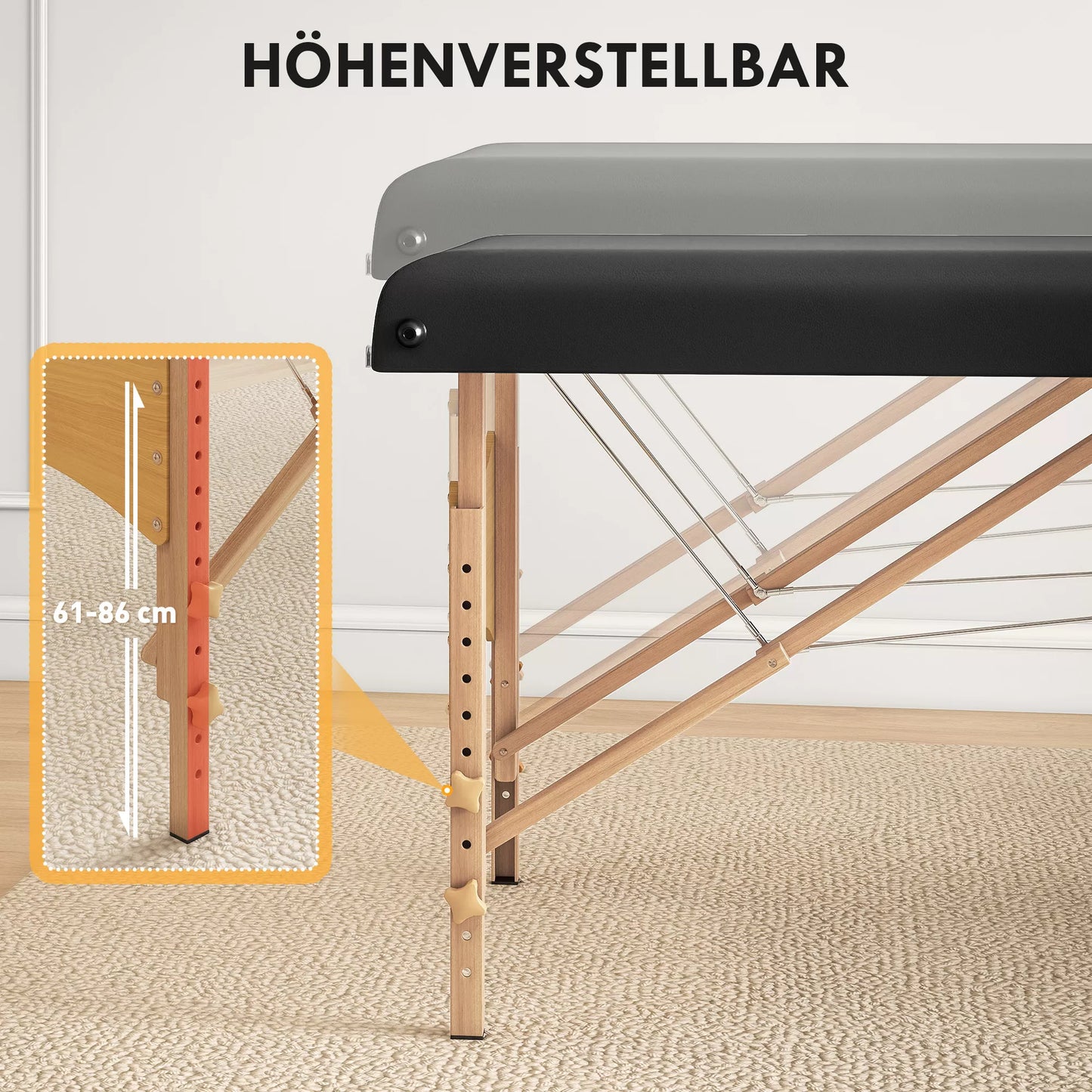 Aukščio reguliuojamas masažo stalas, medinis rėmas, sulankstomas masažo kušetė, putplasčio apmušalas, juodas