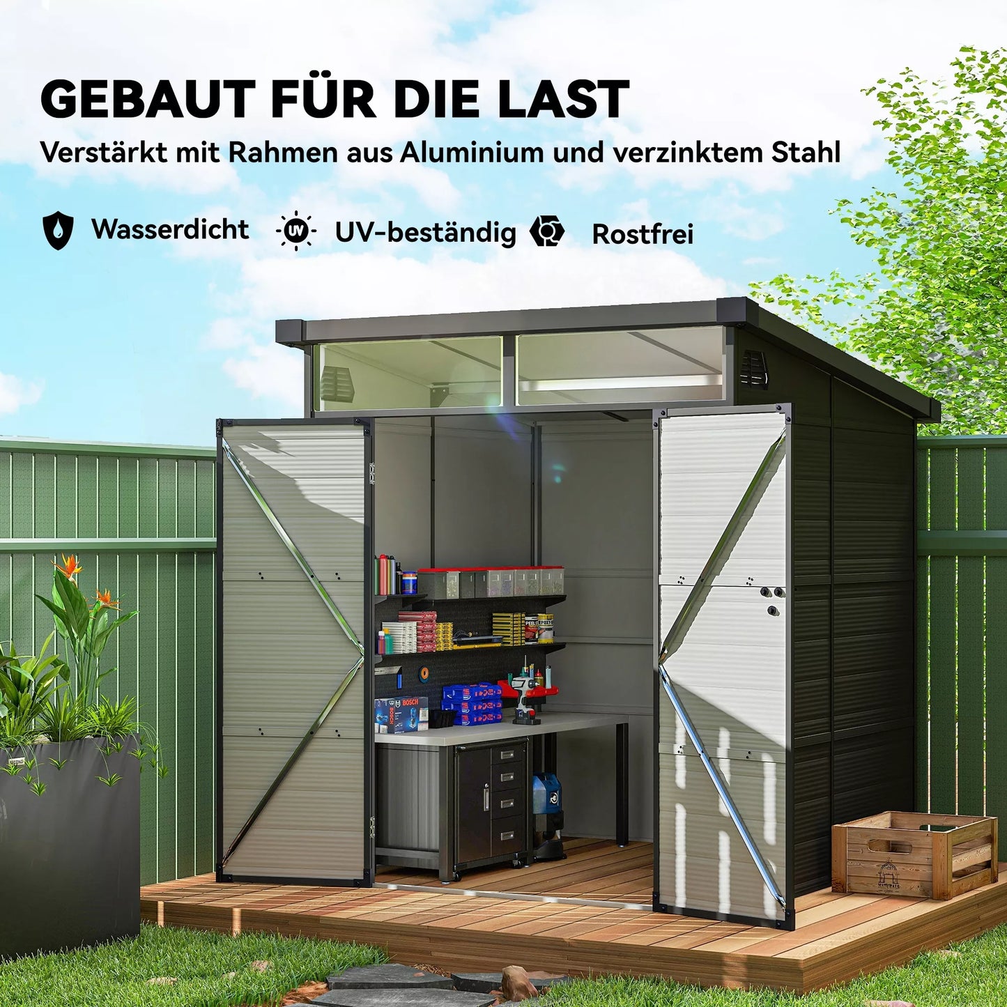 1,9 x 1,9 m sodo ir įrankių namelis iš plastiko, užrakinamos durys, 2 vėdinimo angos, tamsiai pilka